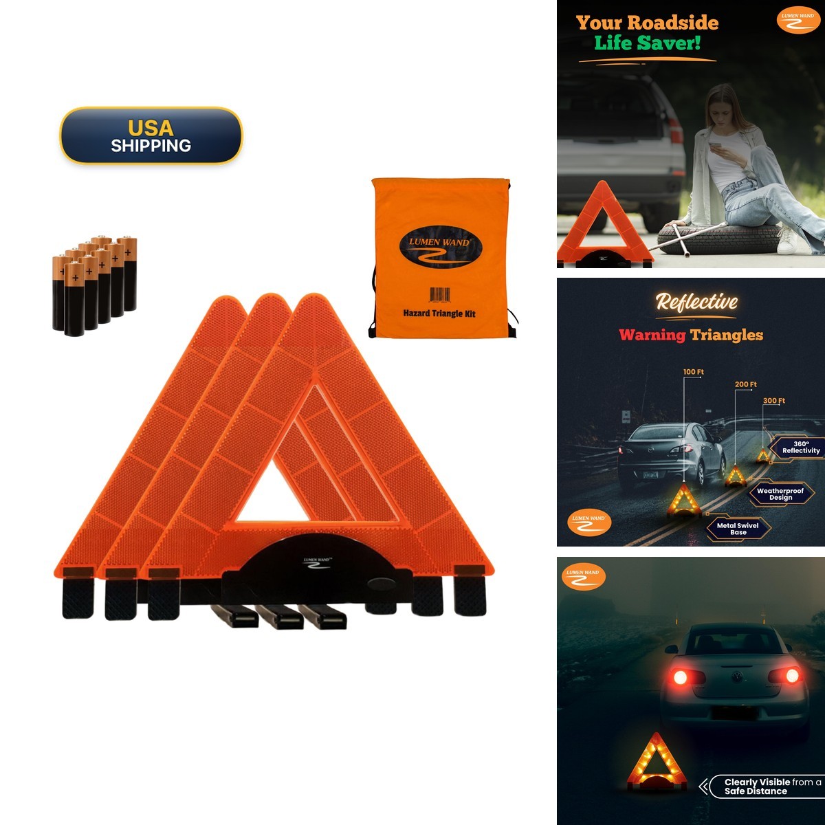 Lumen Wand 3 Pack LED Reflective Warning Triangles Safety Kit