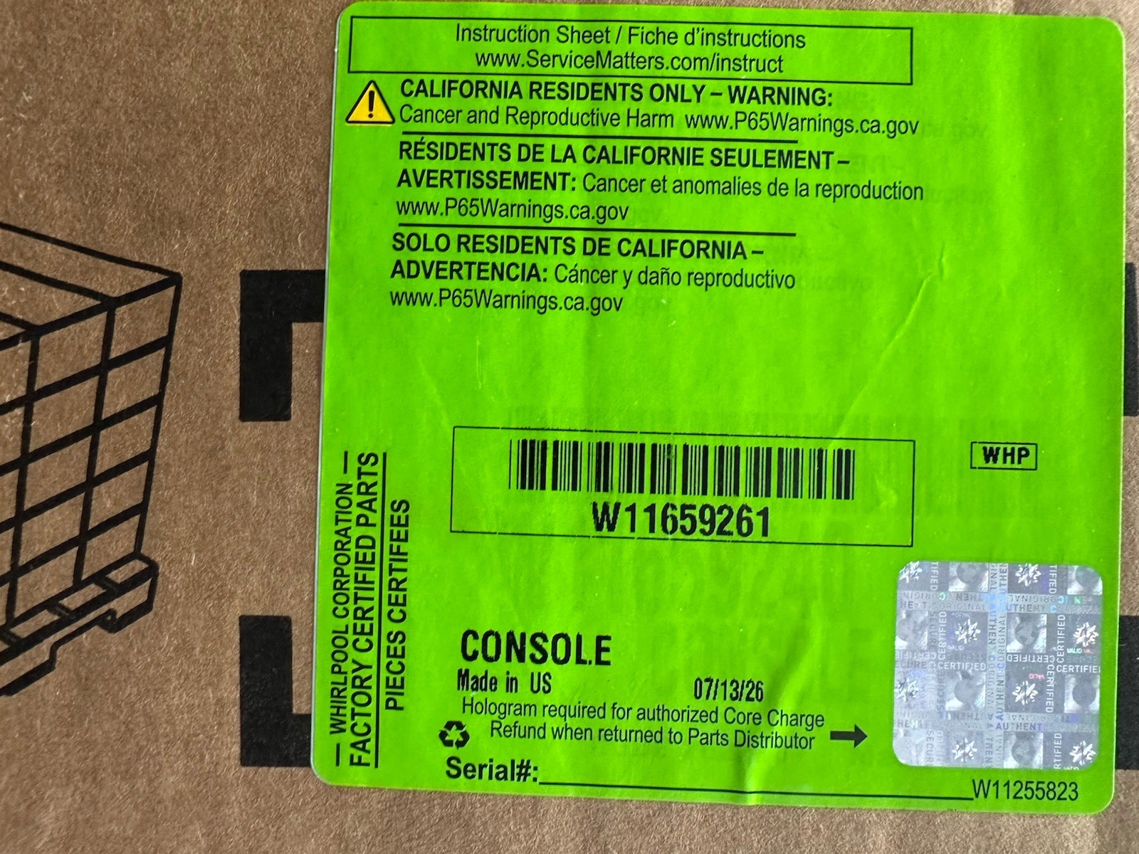 *Brand New* GENUINE Whirlpool Console Assembly OEM Part # W11659261