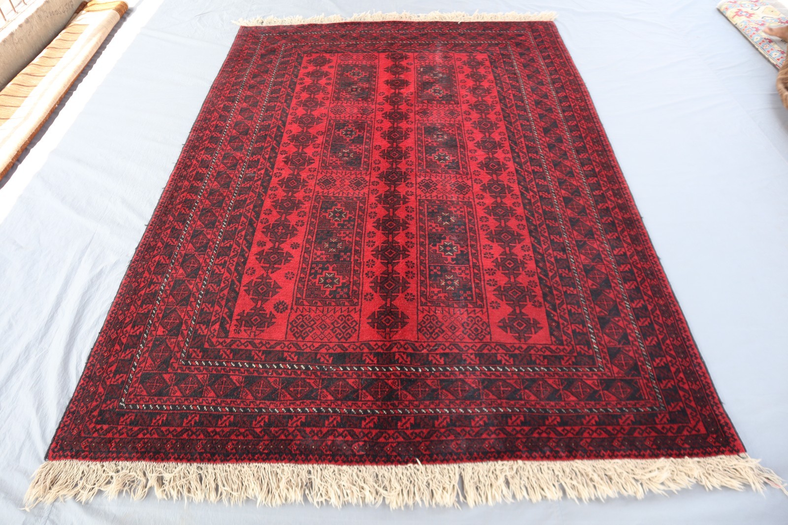 7x9 Vintage Afghan Yaqub Khani Red Wool Hand Knotted Geometric Tribal Rug 7x9 Vintage Afghan Yaqub Khani Red Wool Hand Knotted Geometric Tribal Rug