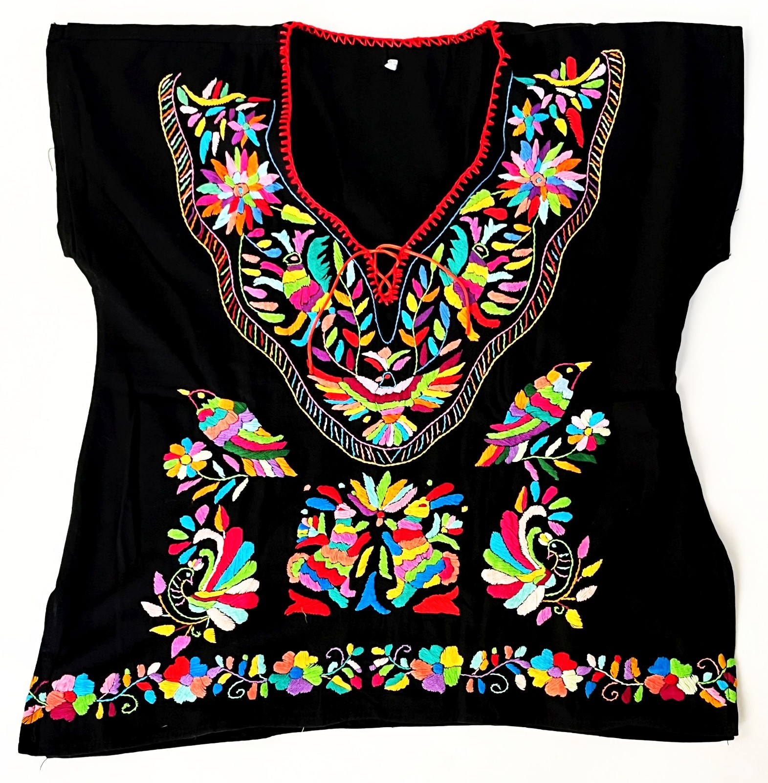 MEXICAN BLACK COLORFUL HANDMADE EMBROIDERED HUIPIL WOMAN\'S MEDIUM BLOUSE SHIRT