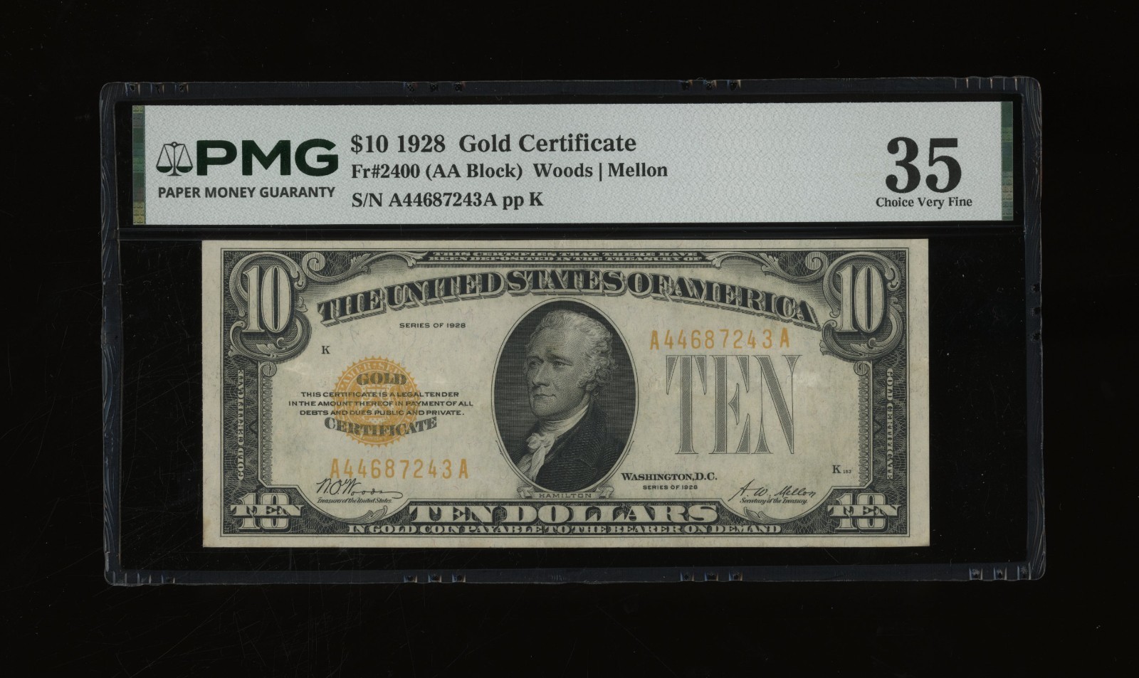 DBR 1928 $10 Gold Certificate Fr. 2400 PMG 35 Serial A44687243A DBR 1928 $10 Gold Certificate Fr. 2400 PMG 35 Serial A44687243A