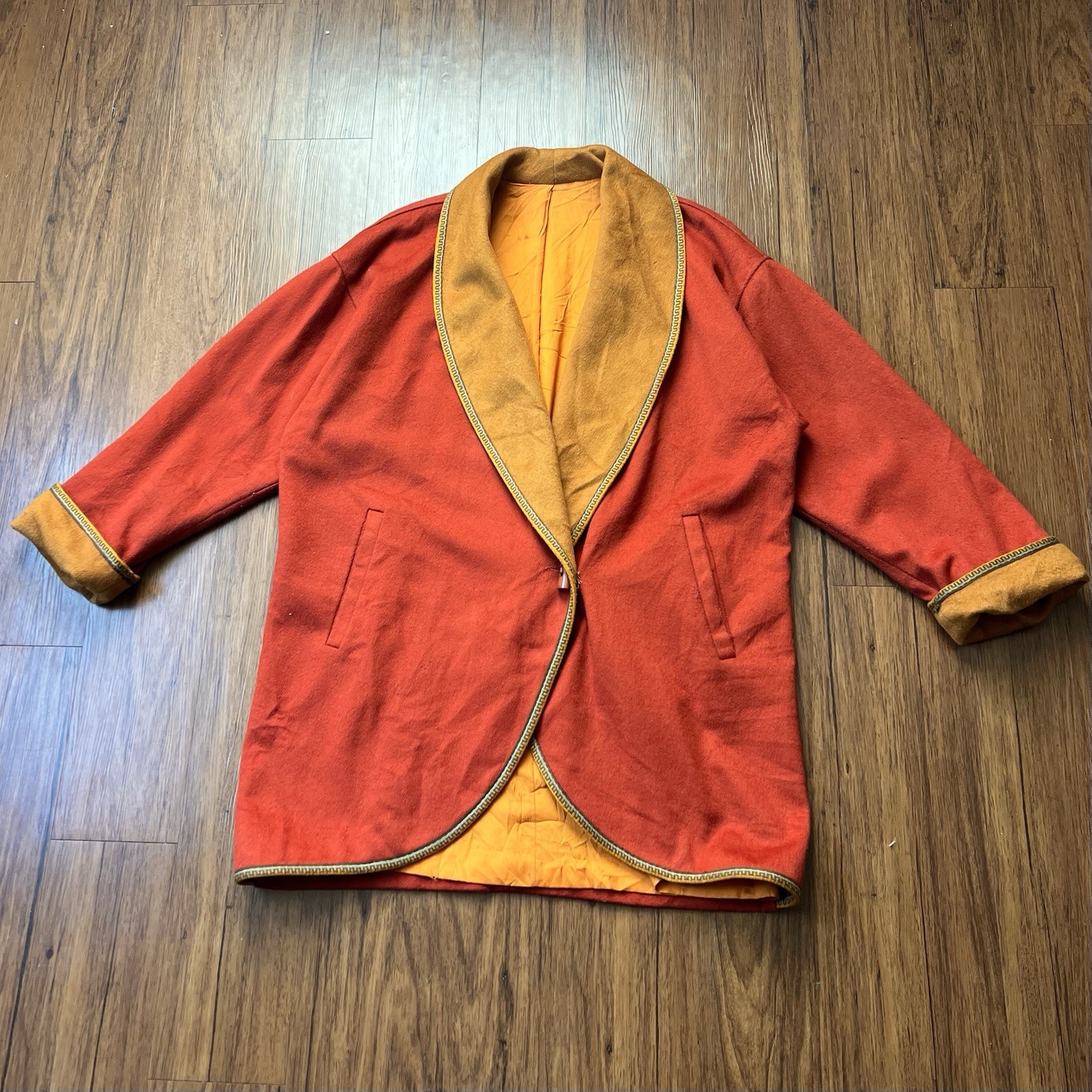 Vintage 60s 70s Wool Blend Coat Jacket Orange Yellow Trim Mod Hippie FLAWS READ Vintage 60s 70s Wool Blend Coat Jacket Orange Yellow Trim Mod Hippie FLAWS READ