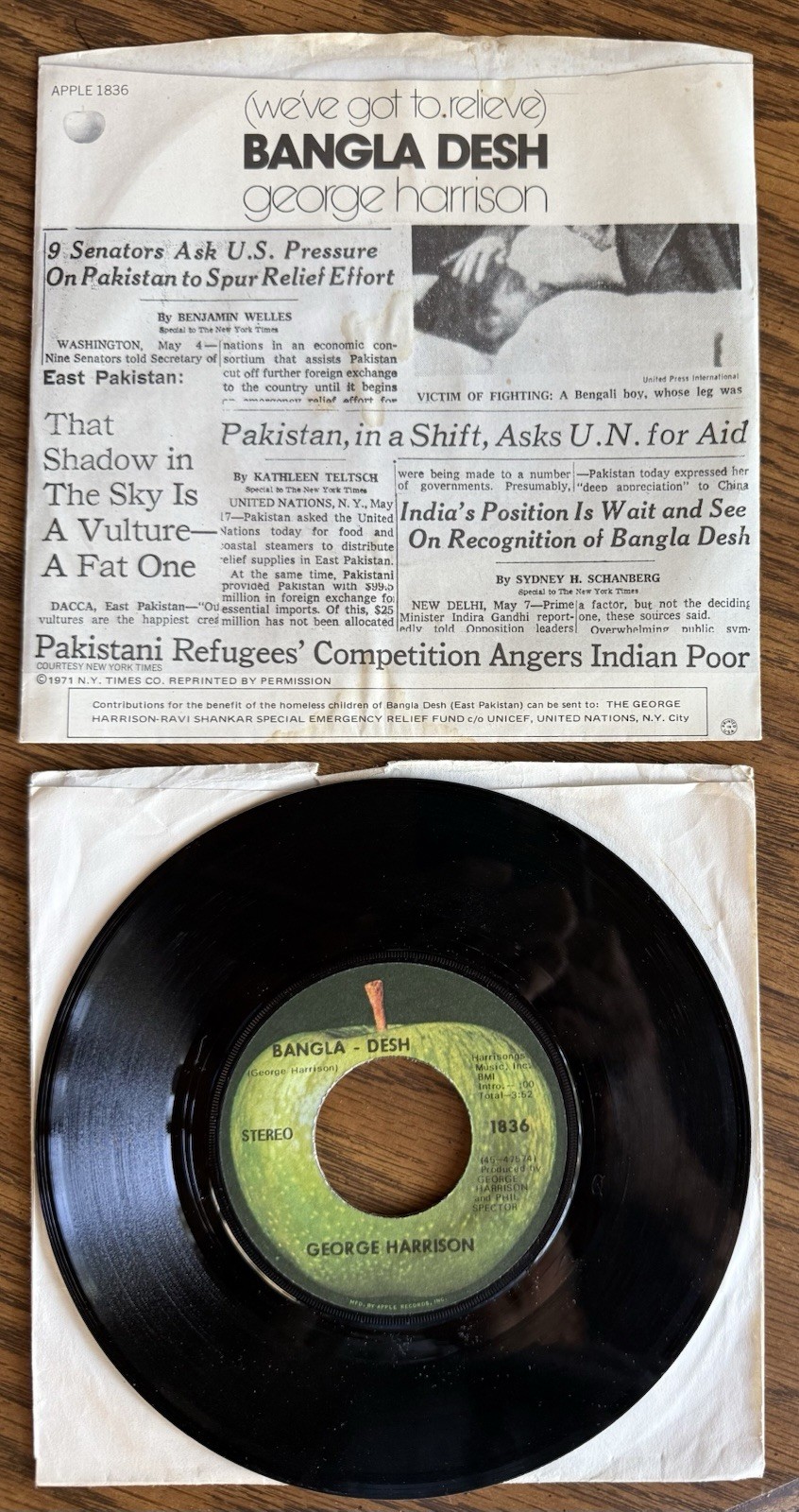 George Harrison Bangla Desh Apple 1836 45rpm W/PS (1971) Beatles 