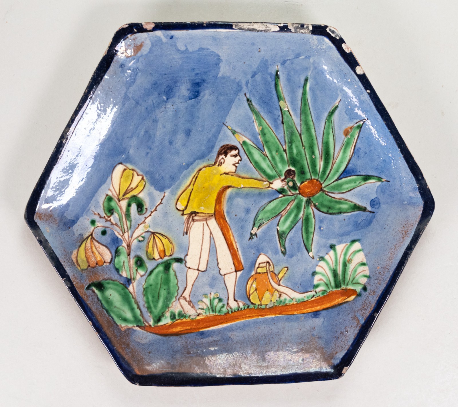 c.1920/30's Tlaquepaque Mexican Pulque Washy Blue Hexagon Pottery Plate c.1920/30's Tlaquepaque Mexican Pulque Washy Blue Hexagon Pottery Plate