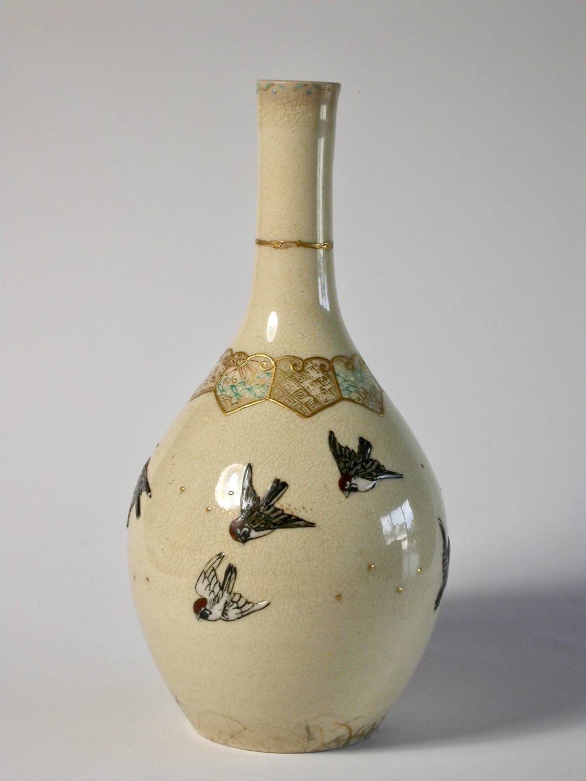 Antique Japanese Earthenware Vase Painted with Birds and Gilding