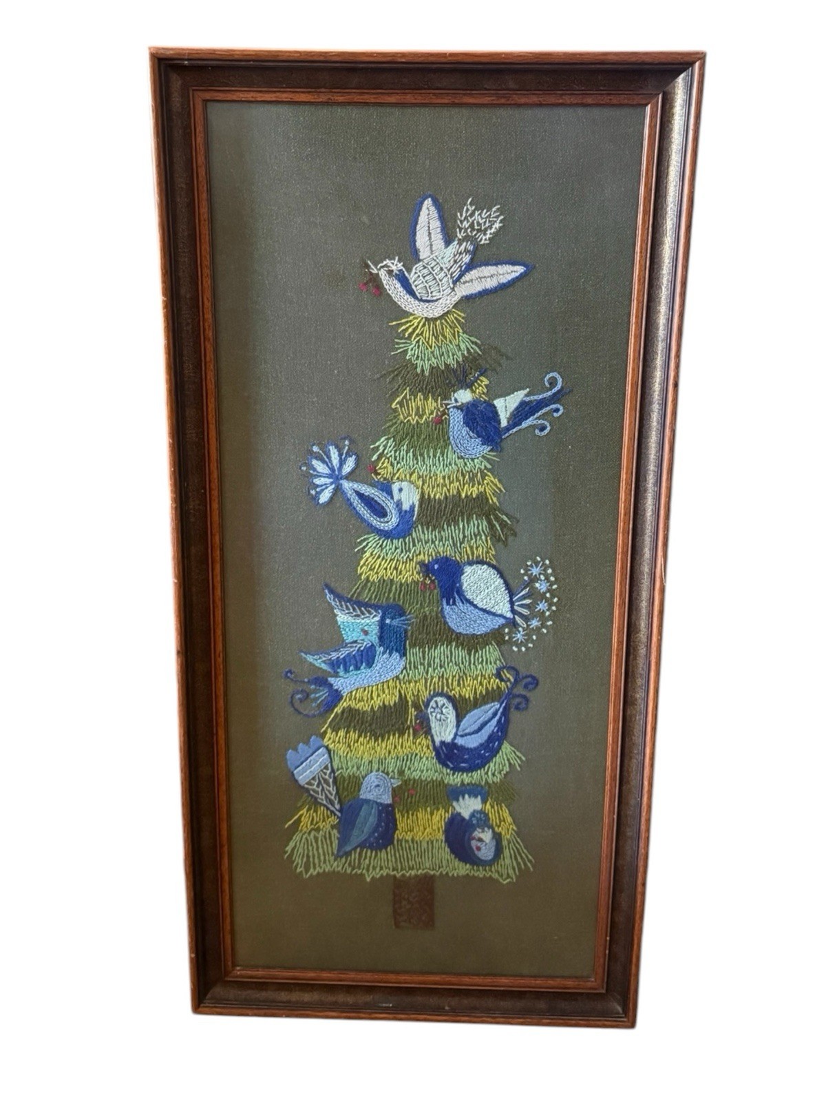 Vintage Paragon Bluebird Fir Tree Crewel Embroidery Wall Hanging MCM Framed Vintage Paragon Bluebird Fir Tree Crewel Embroidery Wall Hanging MCM Framed