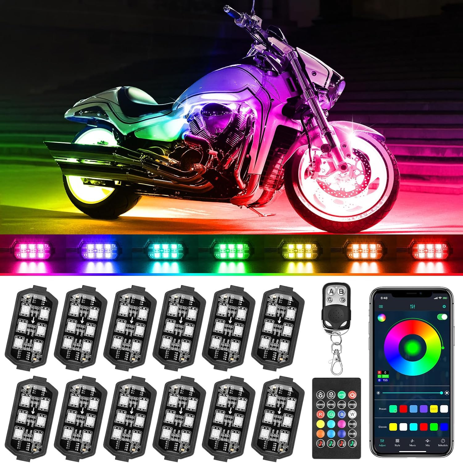 12Pc Motorcycle LED Underglow Kit RGB Chasing App/RF Music Mode IP68 Brake Light 12Pc Motorcycle LED Underglow Kit RGB Chasing App/RF Music Mode IP68 Brake Light