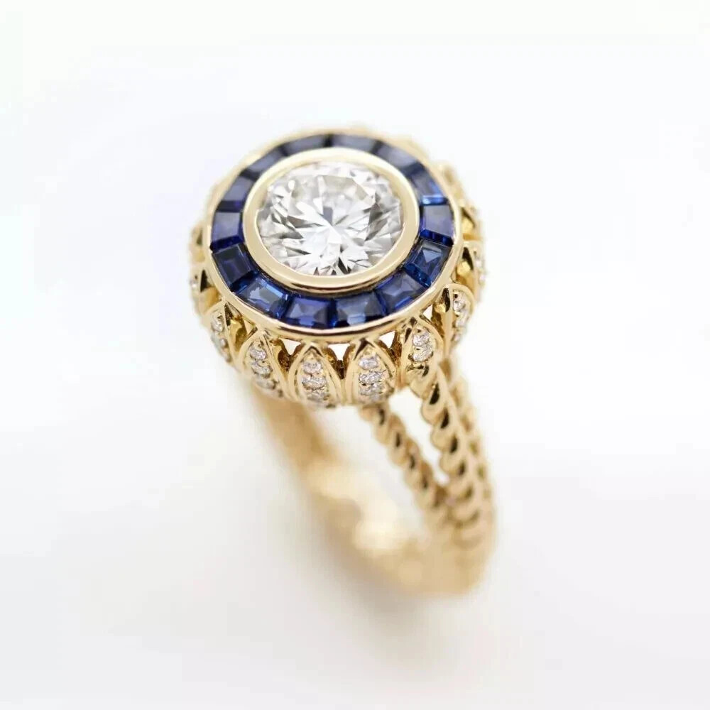 Art Deco Style Lab-Created Diamond Round Cut Sapphire Ring 14K Yellow Gold FN