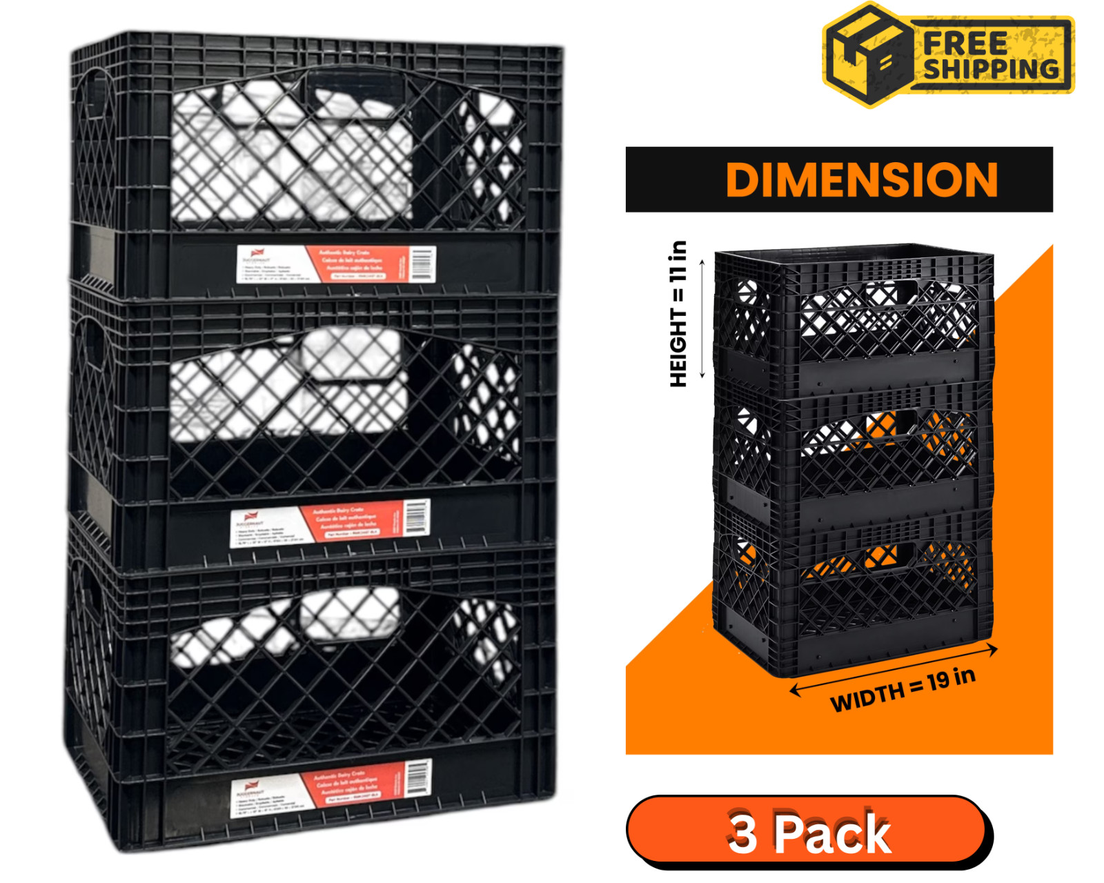 24QT Milk Crate 3 Pack Heavy Duty Stackable Storage Bin Plastic Black 24QT Milk Crate 3 Pack Heavy Duty Stackable Storage Bin Plastic Black