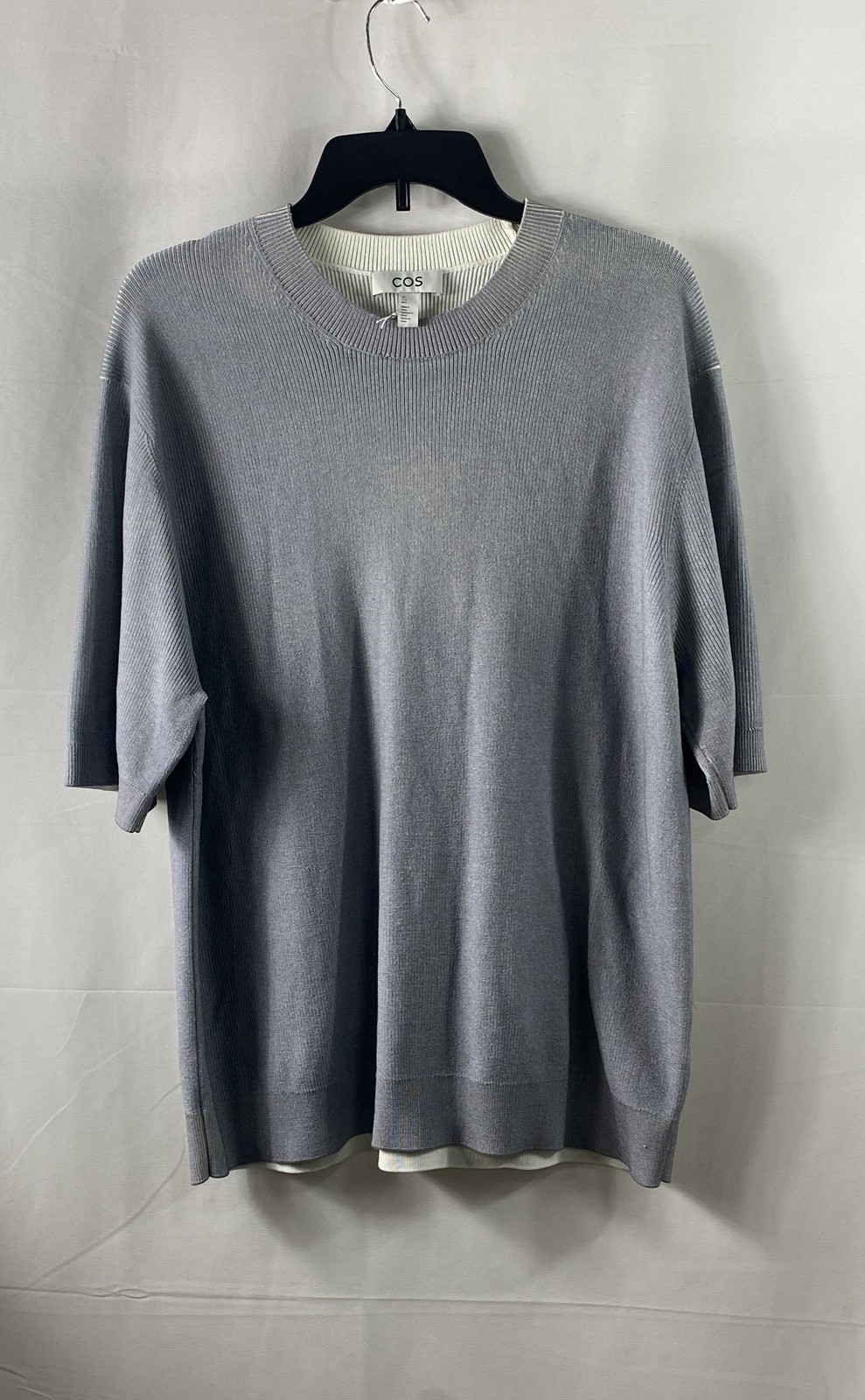 COS Women\'s Gray Special Dye 100% Cotton Ribbed Short Sleeve Knit Top Sz L NWT