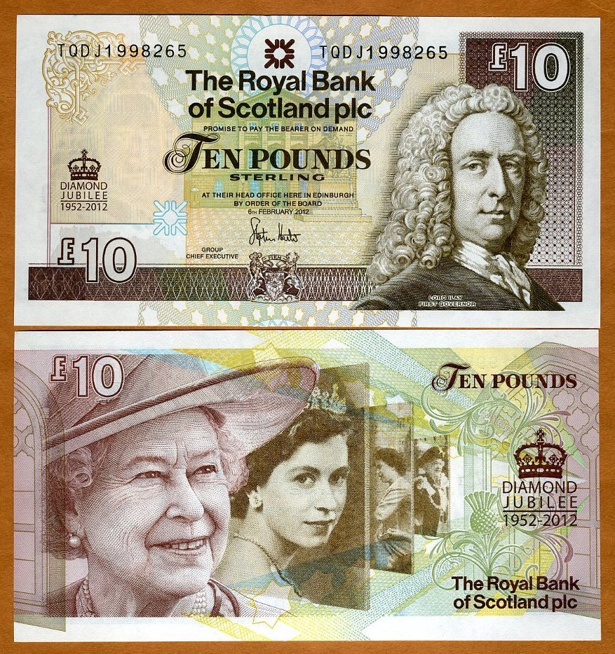 Scotland, 10 pounds, 6-2-2012, P-368, QEII, UNC Commemorative Diamond Jubilee
