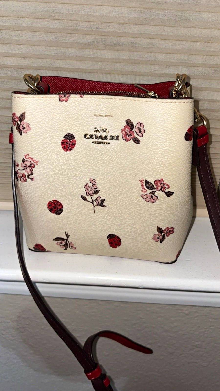 Coach Ladybug Floral Print Zip Crossbody Bag Ivory/Red w/ Strap, Red Lining Coach Ladybug Floral Print Zip Crossbody Bag Ivory/Red w/ Strap, Red Lining