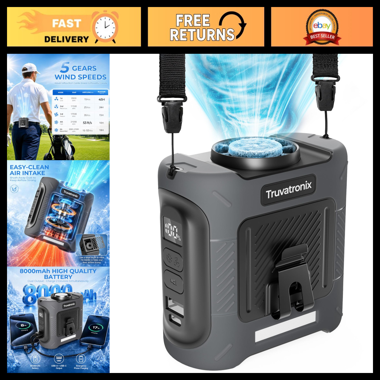 Portable Waist Fan with Ice Cooling Plate, 8000mAh Rechargeable, 5-Speed Wearabl