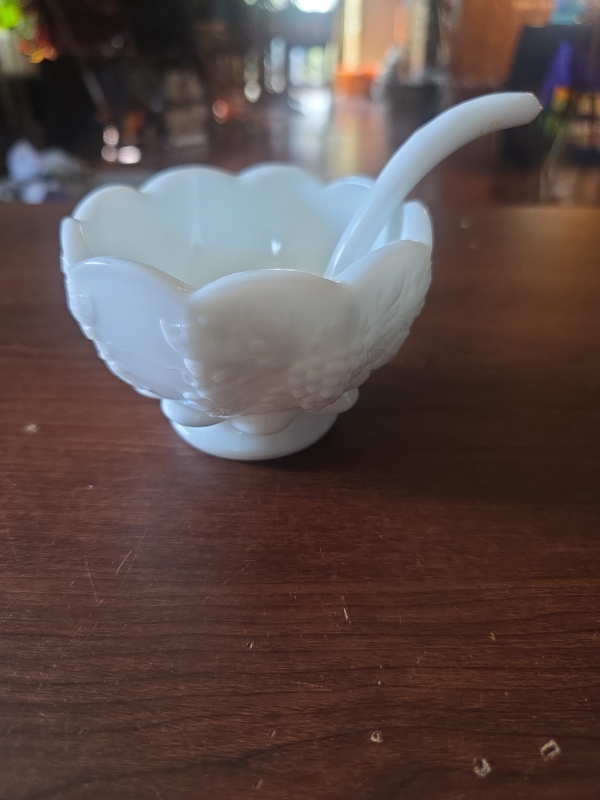 Westmoreland White Milk Glass Open Sugar Bowl Mustard Pot with Ladle Spoon Westmoreland White Milk Glass Open Sugar Bowl Mustard Pot with Ladle Spoon
