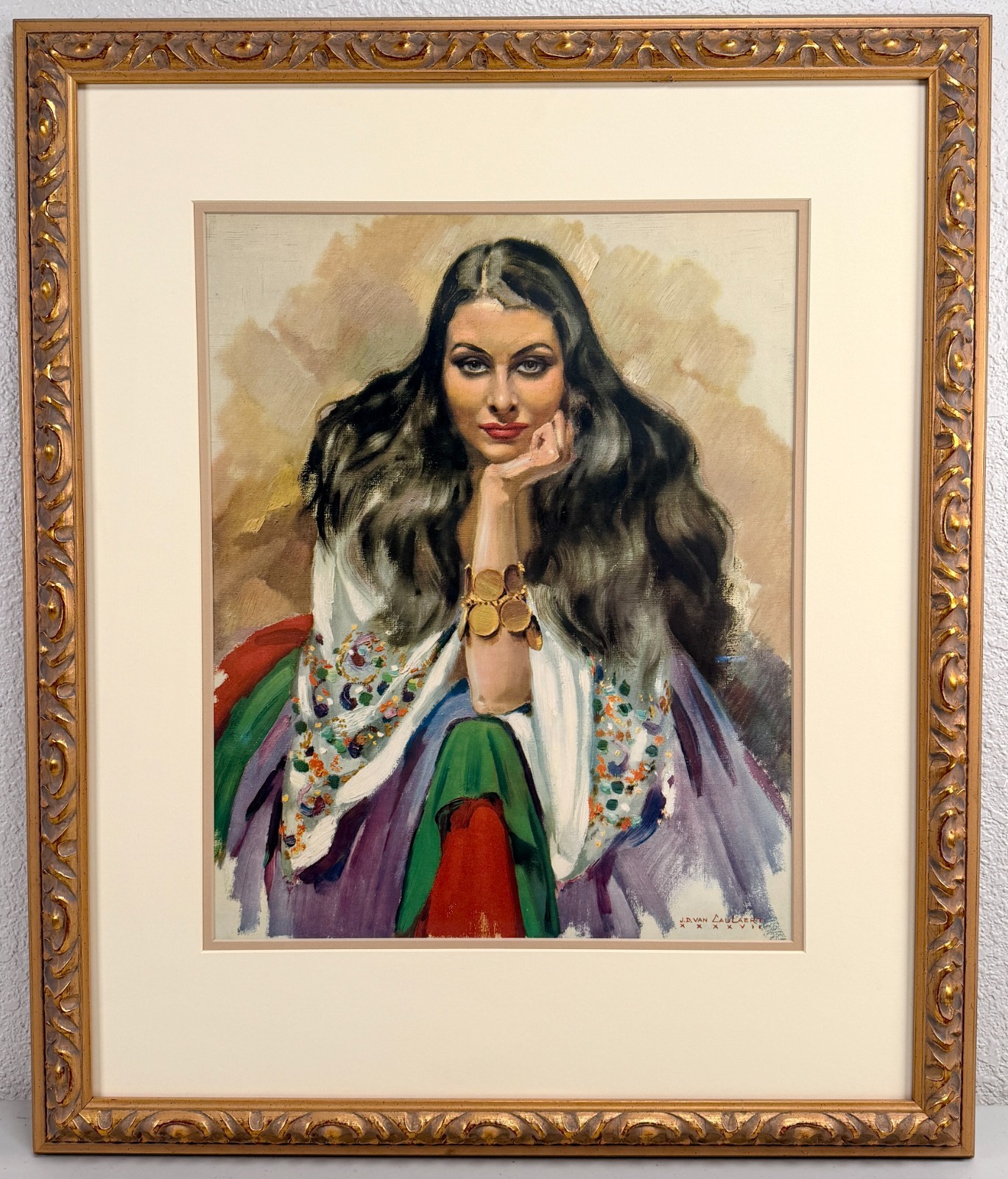 Jean Van Caulaert French Art Deco Oil Portrait Painting Gorgeous Gypsy Woman