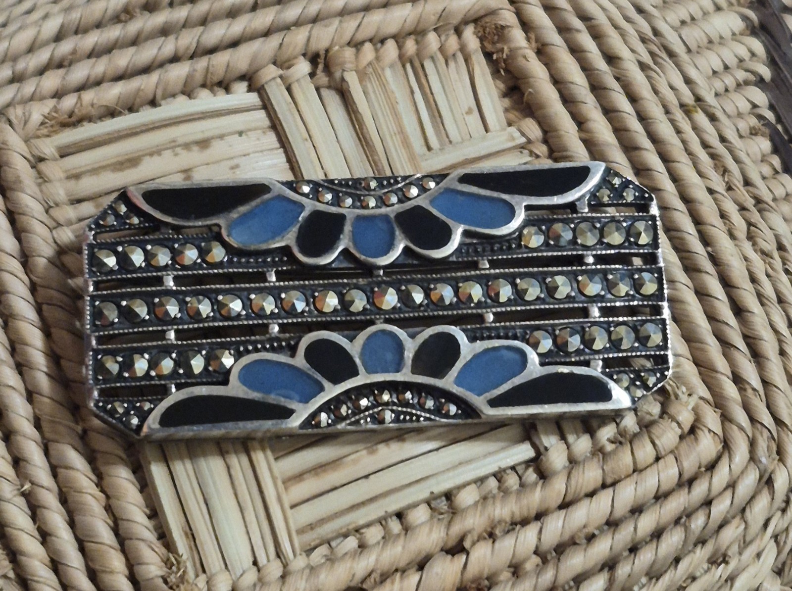 Antique German Art Deco 835 Silver Enamel Marcasite Brooch Hermann Bauer 13.7g