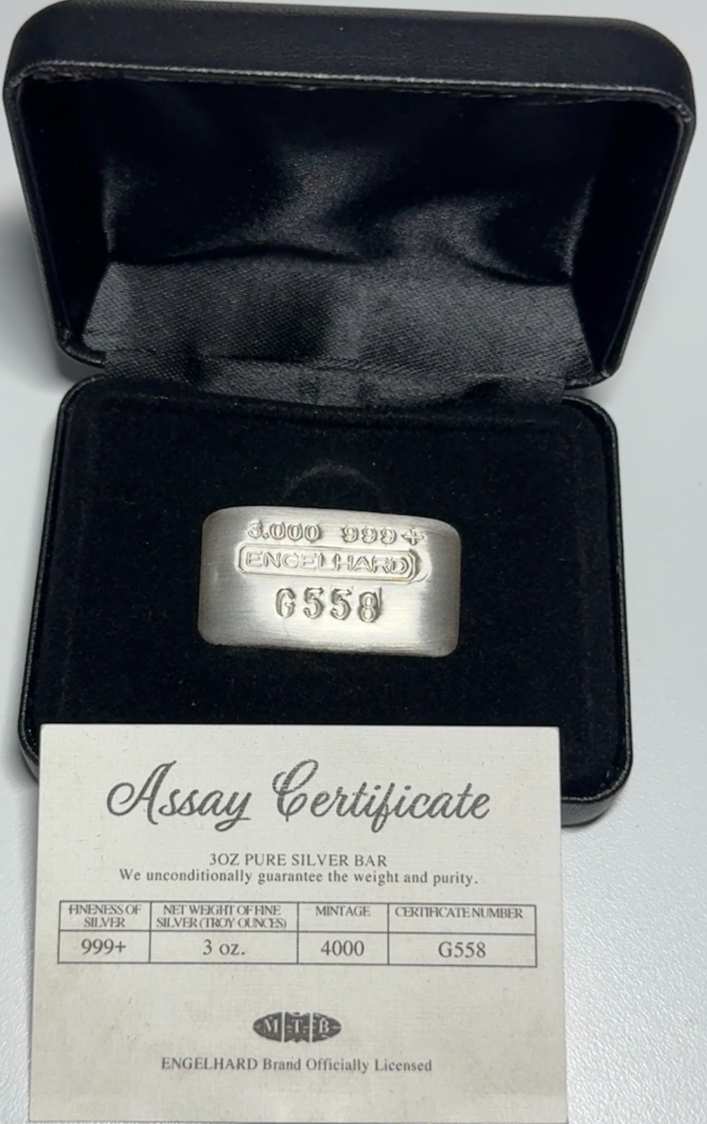 Engelhard 2025 3 Oz Silver Bar With COA & Box Thick Cast Pour With Clamshell Box