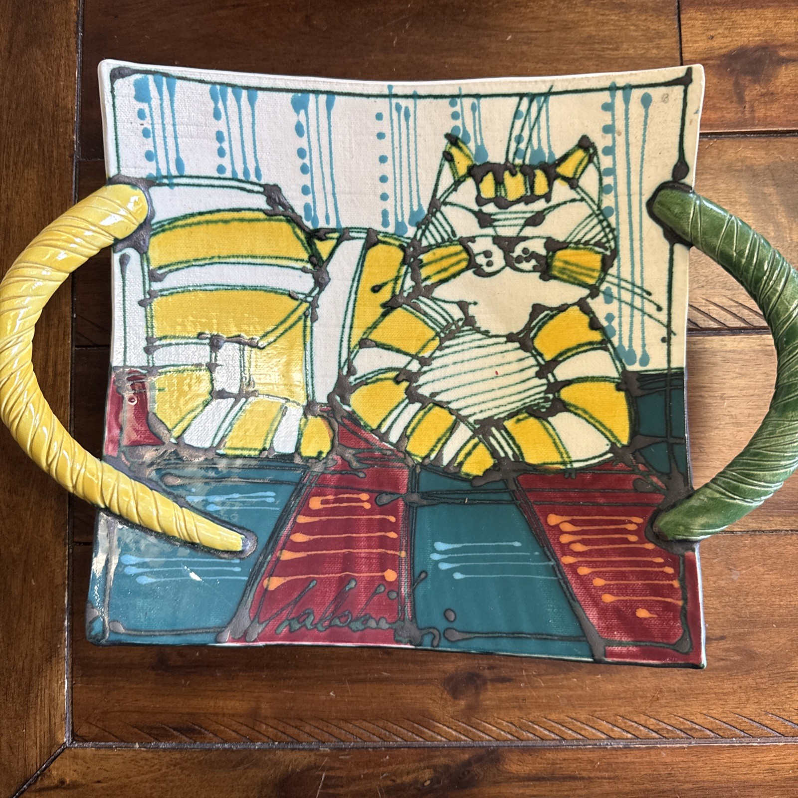 Juozas Rasa Saldaitis Large Whimsical Cat Decorative Art Pottery plates handle Juozas Rasa Saldaitis Large Whimsical Cat Decorative Art Pottery plates handle