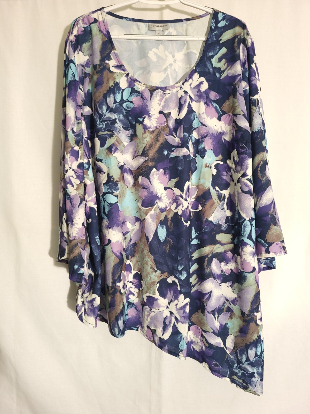 Catherines-Blue Purple Green White Floral 3/4 Sleeve Asymmetrical Top Tunic-2X