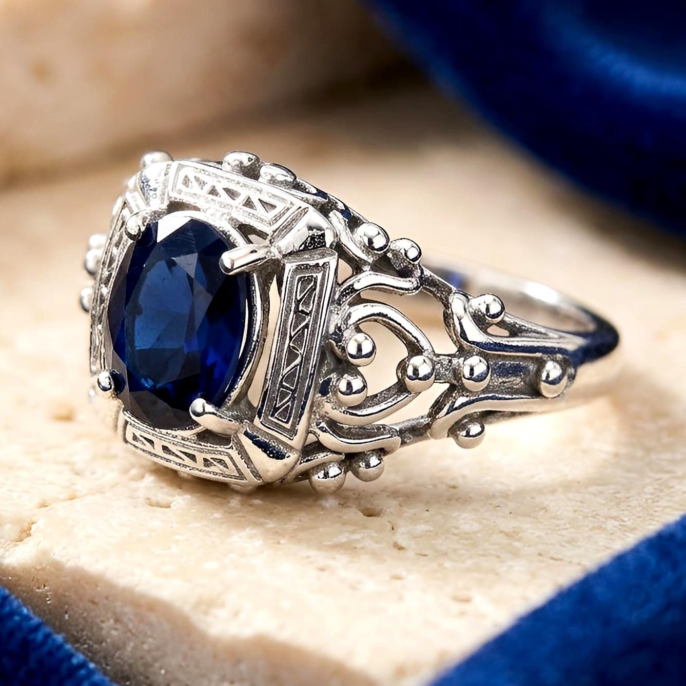 Victorian Simulated Sapphire Ring 925 Sterling Silver Vintage Design 1127