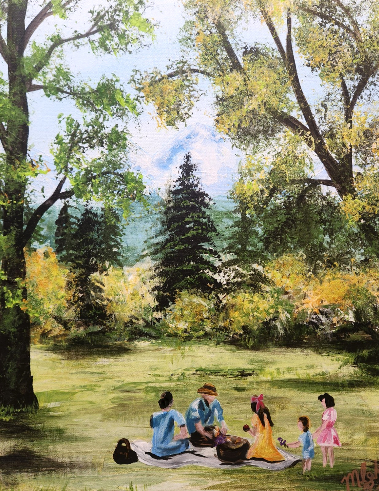 Vintage Family Picnic Painting 16x20 Original Impressionist Landscape M Isaksen
