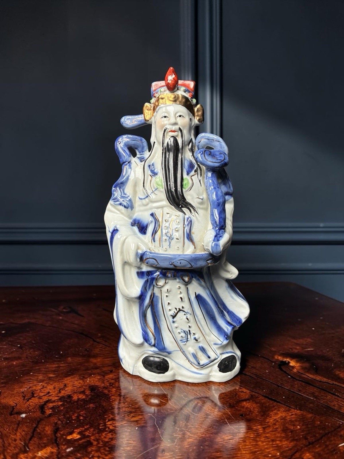 Vintage Chinese Porcelain Lu Xing Statue Blue White Sanxing Large Figurine 12”