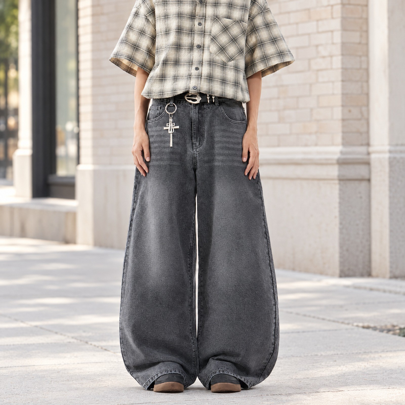 Men's Y2K Baggy Jeans Gray Vintage Wash Wide Balloon Leg Oversized Hip Hop Denim