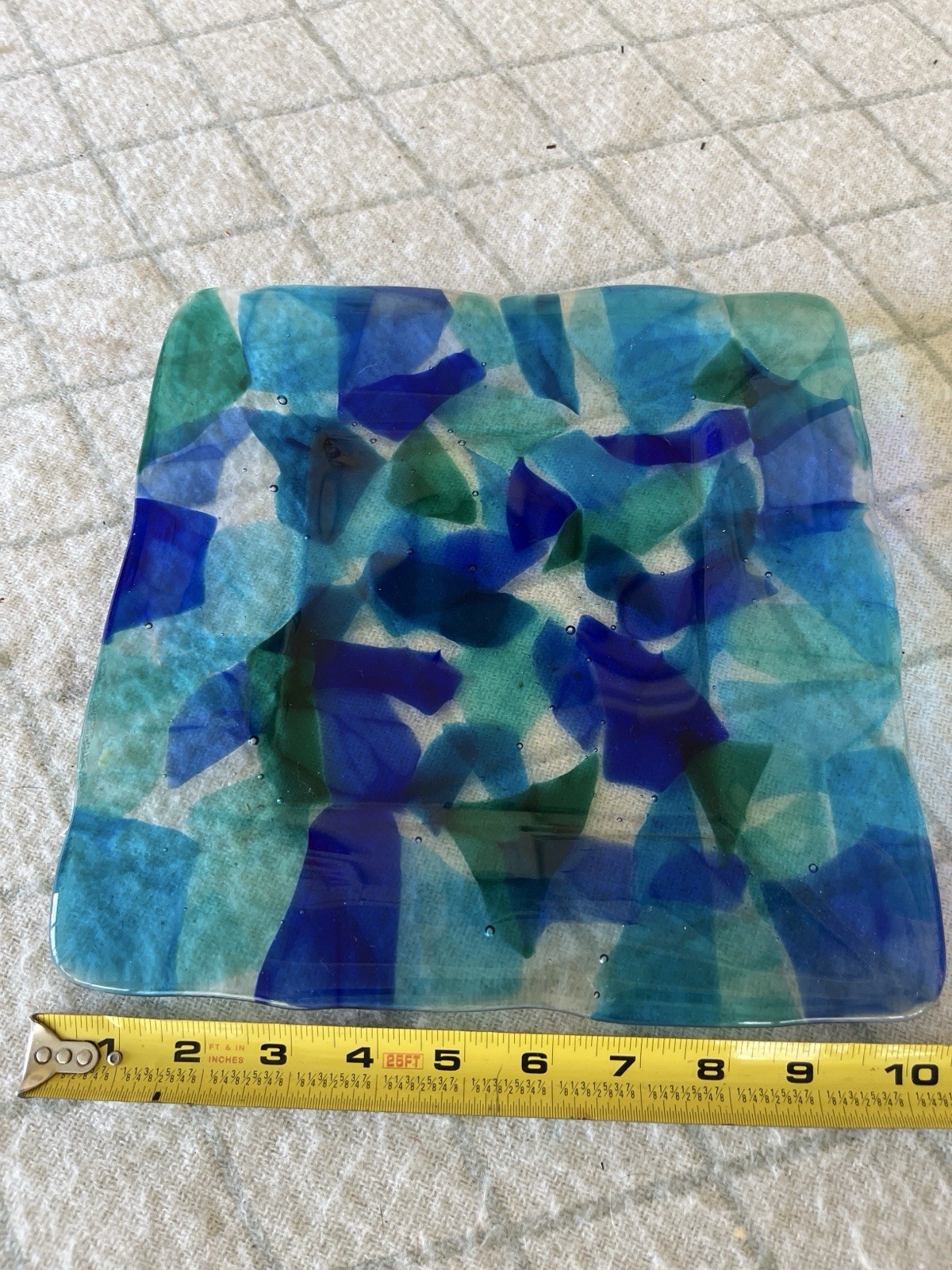 Fused Glass Beautiful Square Dish Abstract Mosaic Blue Green