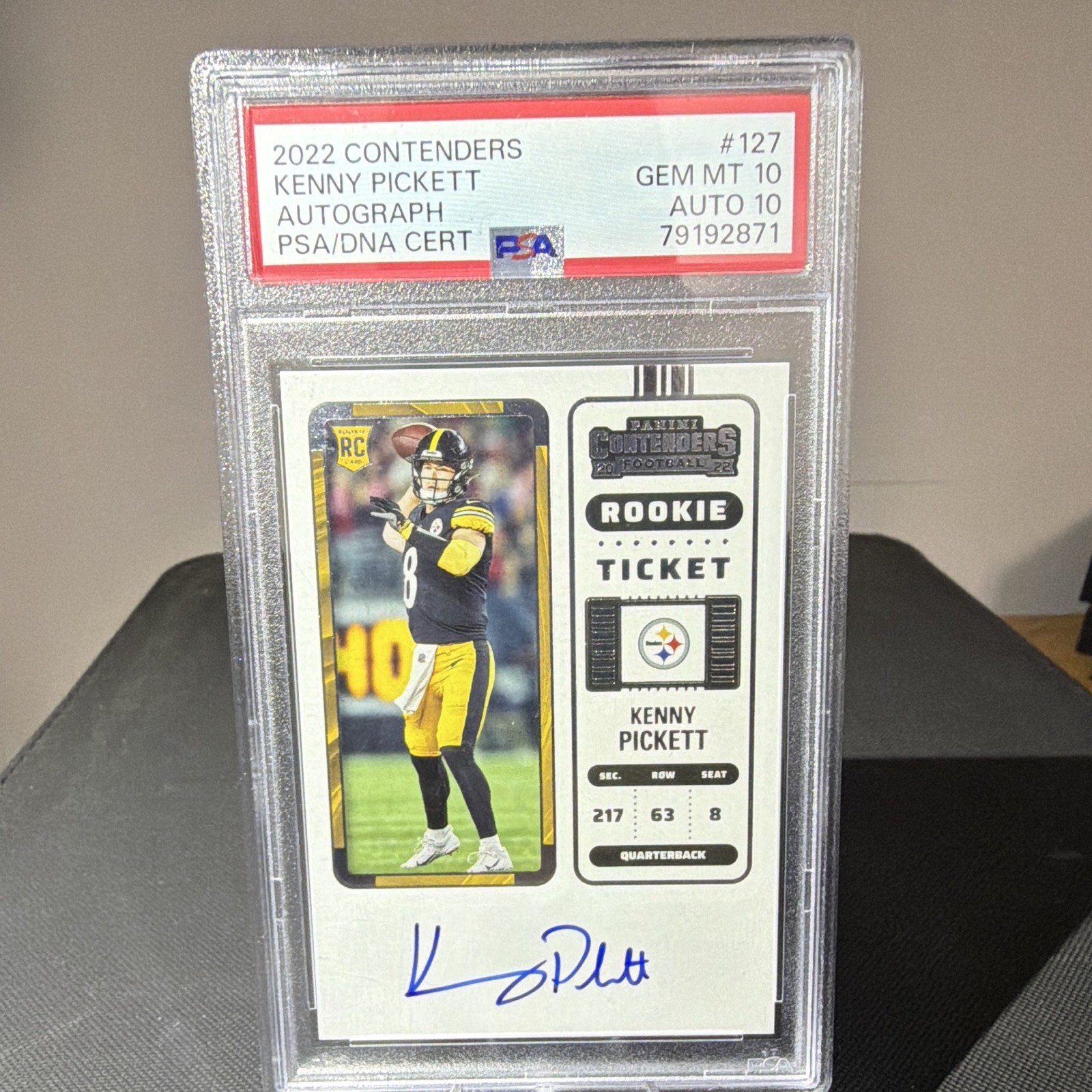 Panini 2022 Contenders Kenny Pickett Steelers Rookie Ticket Auto #127 PSA 10 Panini 2022 Contenders Kenny Pickett Steelers Rookie Ticket Auto #127 PSA 10