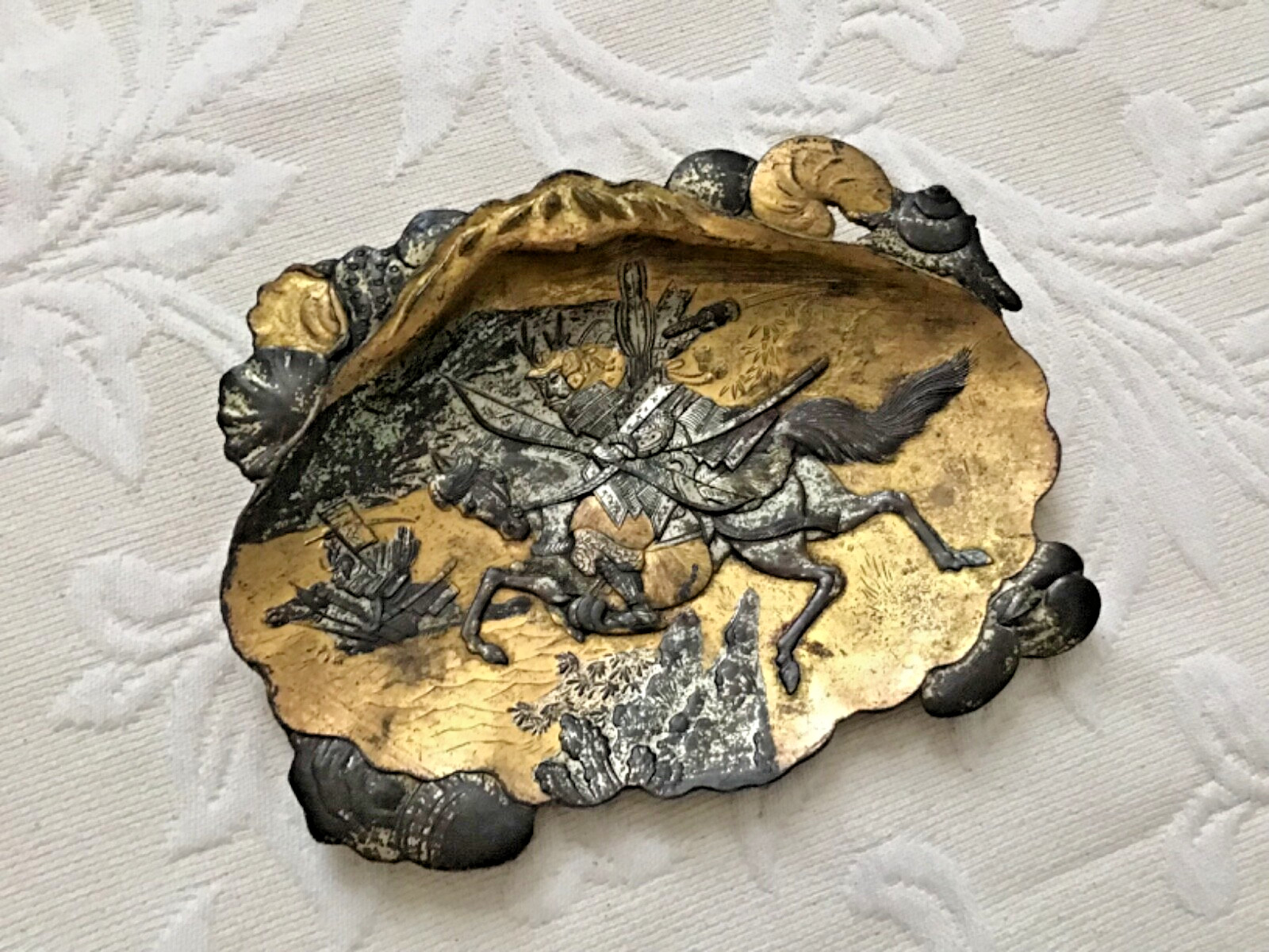 Antique Japanese Mixed Metal Trinket Dish Samurai on Horseback RARE