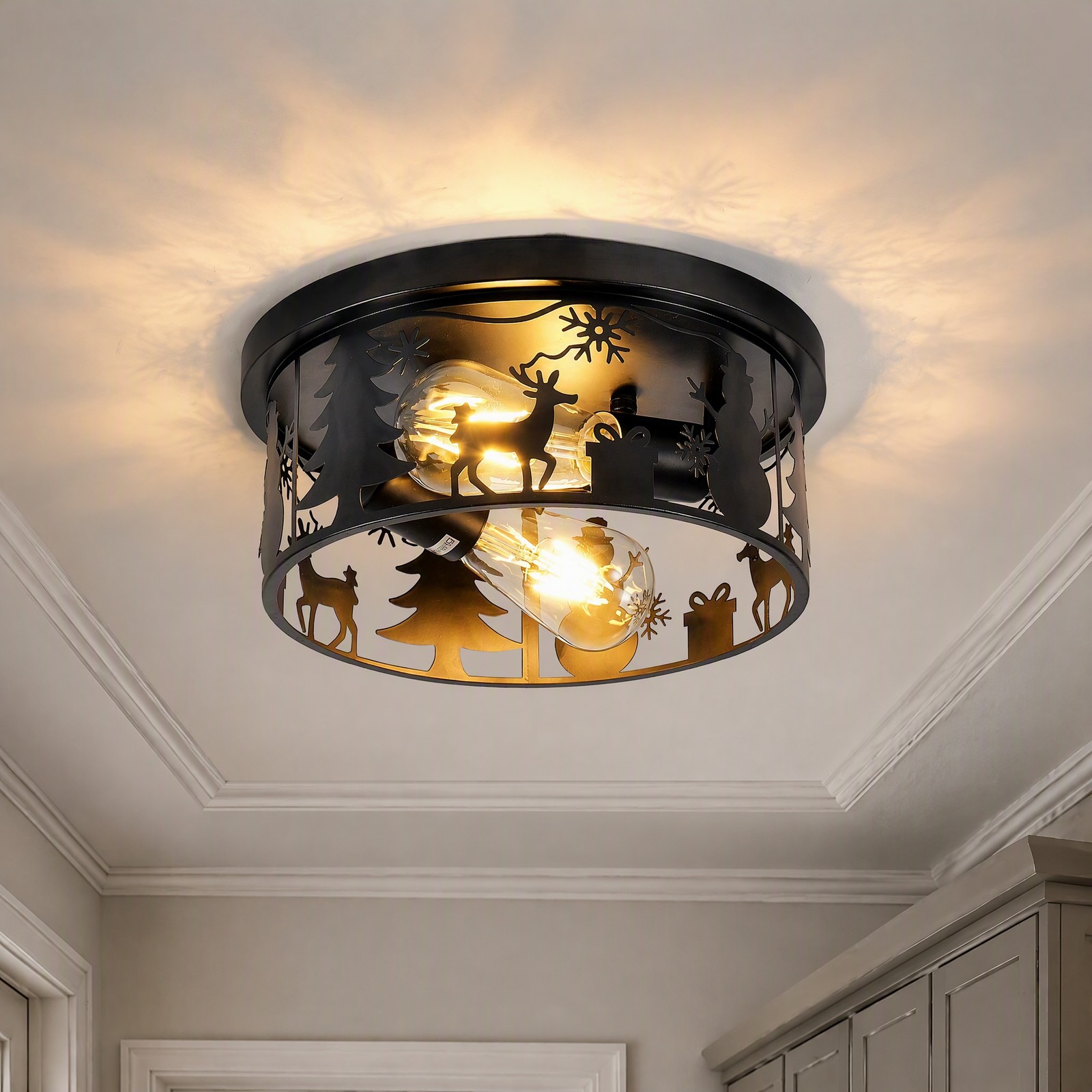 11\'\' Modern LED Ceiling Light Flush Mount Round Rustic Deer Living Room Fixture