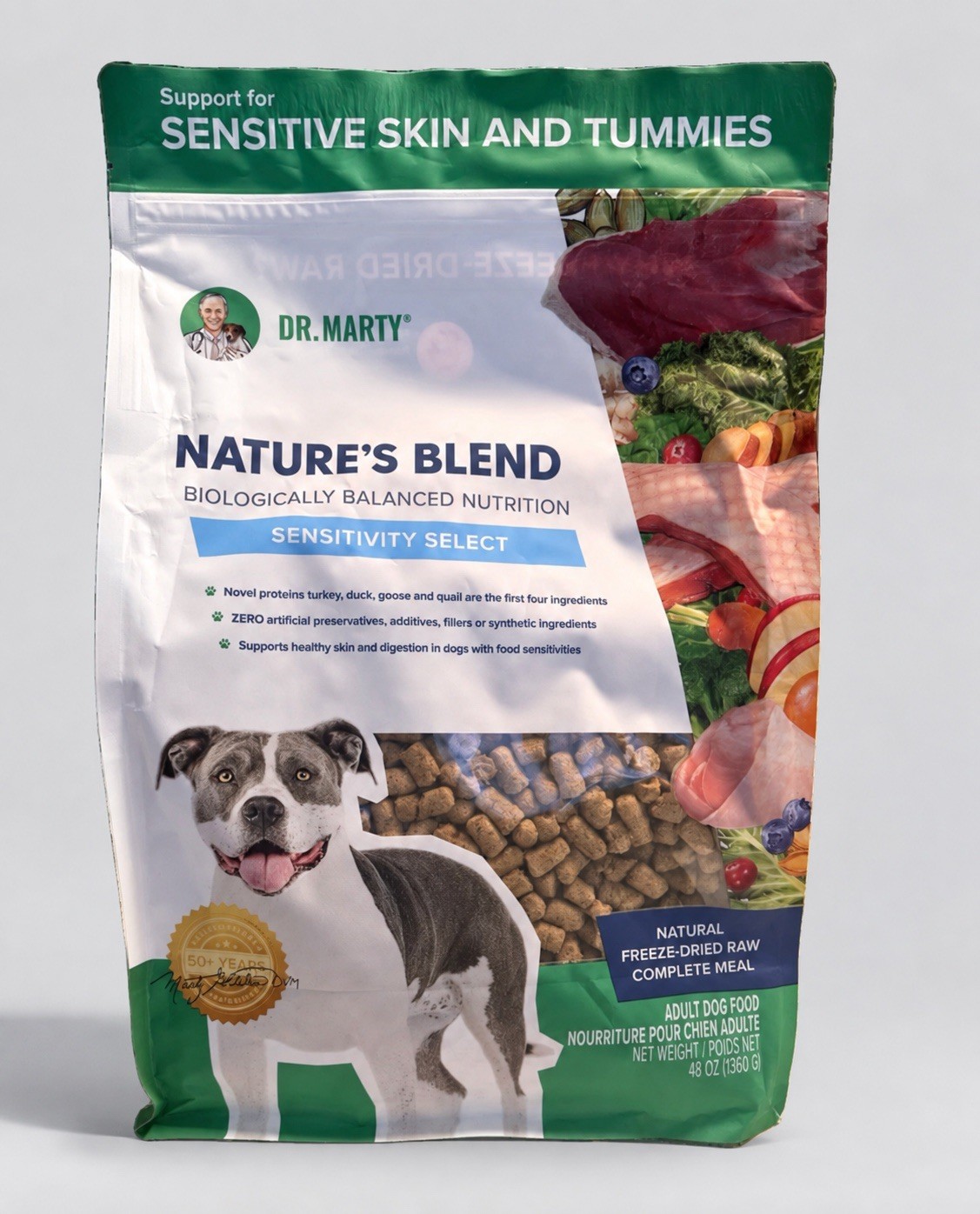 Authentic 48oz Dr. Marty Nature’s Blend Sensitivity Select Freeze Dried Dog Food Authentic 48oz Dr. Marty Nature’s Blend Sensitivity Select Freeze Dried Dog Food