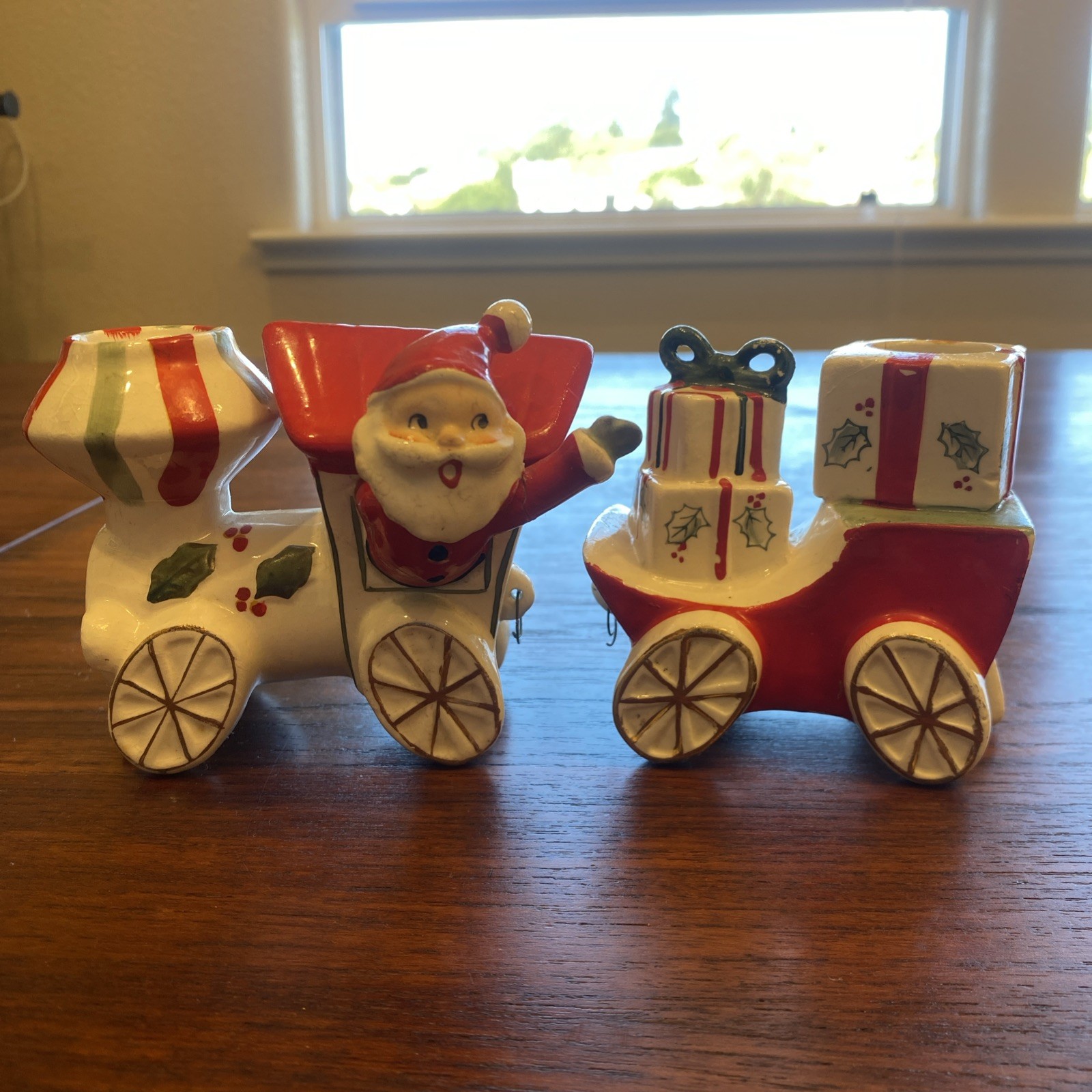 Vintage Napco ceramic Santa Clause Train Christmas Candle Holder 2-piece set Vintage Napco ceramic Santa Clause Train Christmas Candle Holder 2-piece set