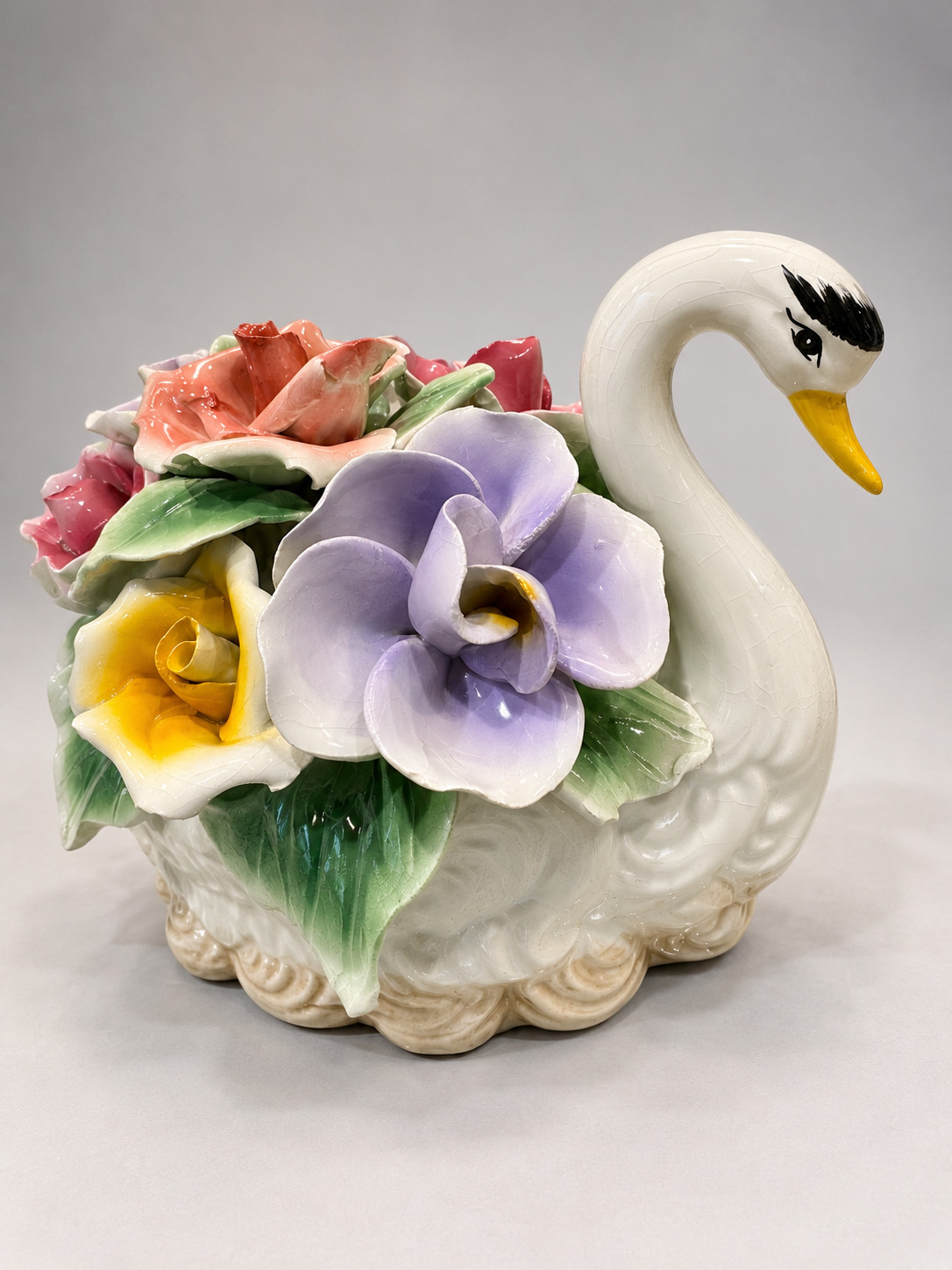 Vintage Capodimonte Porcelain Swan Floral Figurine Made in Italy 9.5in