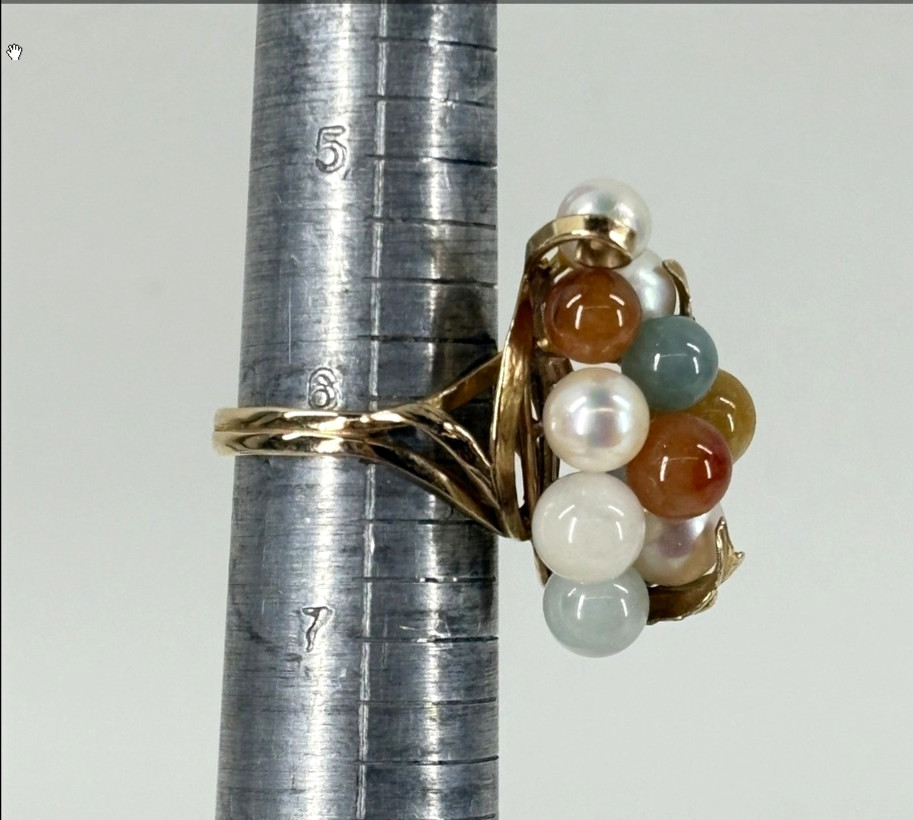 RARE Ming's of Honolulu 14K Gold Multicolor Jadeite Pearl Cluster Ring Sz6, 11g