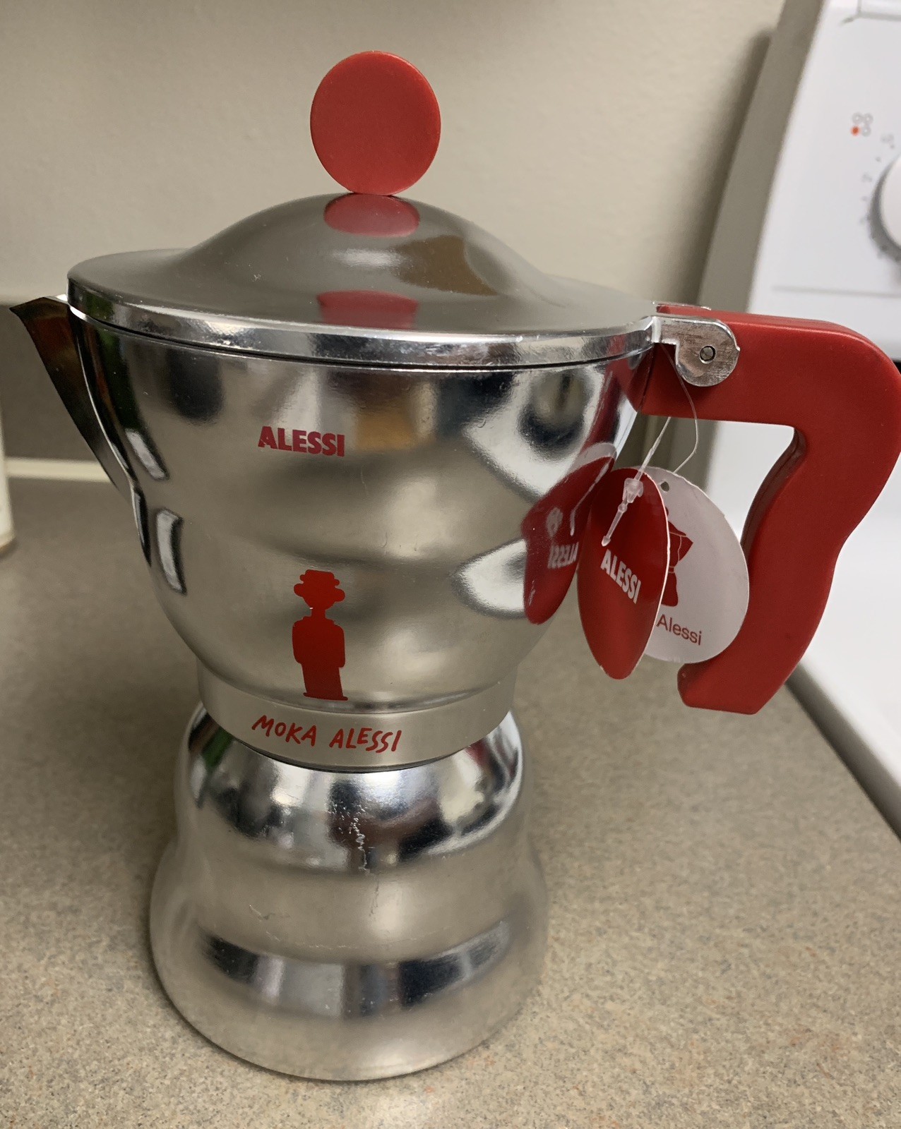 Moka Alessi Espresso Coffee Maker AAM33/6 Moka Pot 6 Cup Red Handle No Box
