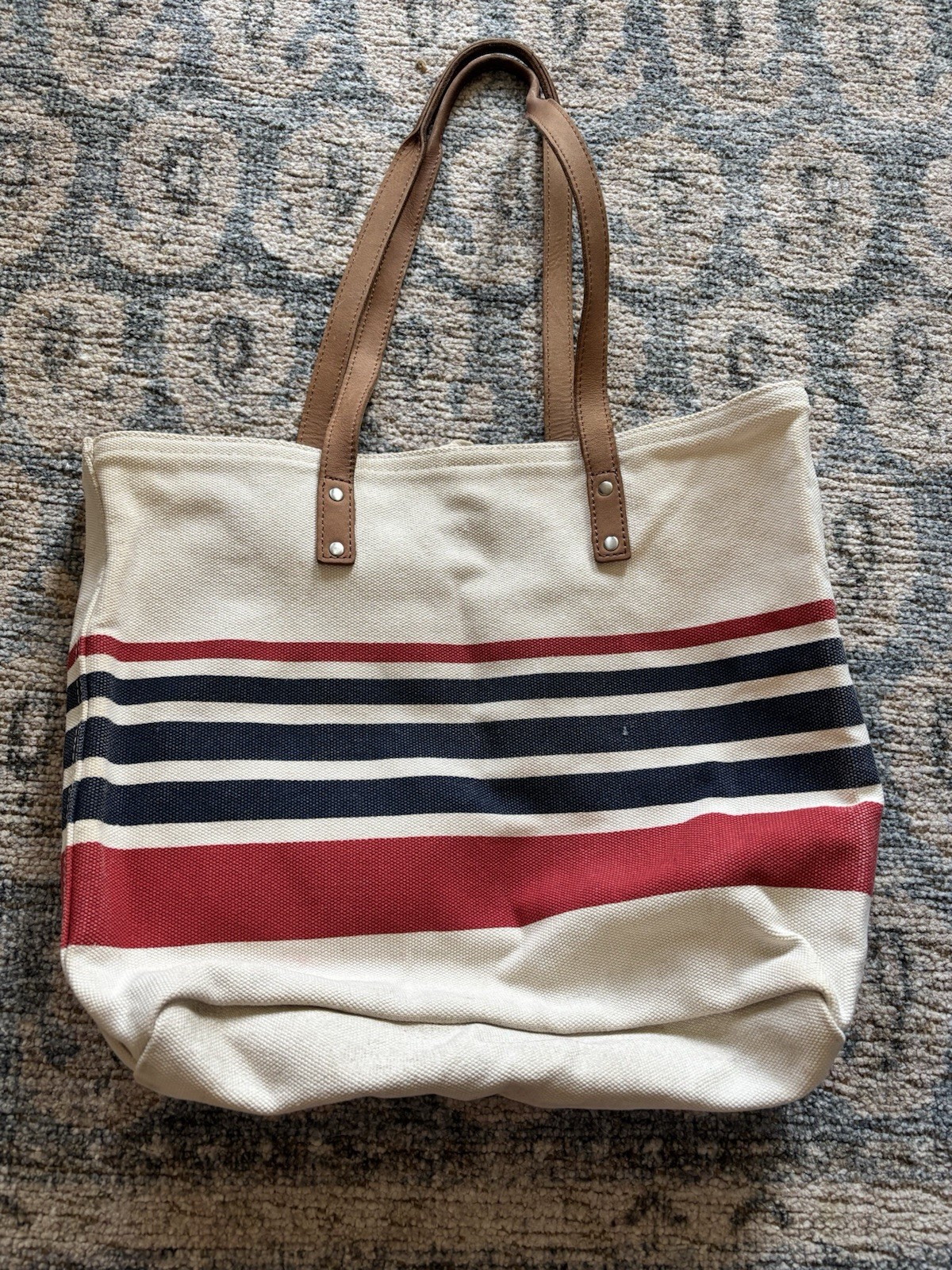 VTG LL Bean Boat N Tote Canvas Bag Large Red White Blue Leather Handles Striped VTG LL Bean Boat N Tote Canvas Bag Large Red White Blue Leather Handles Striped
