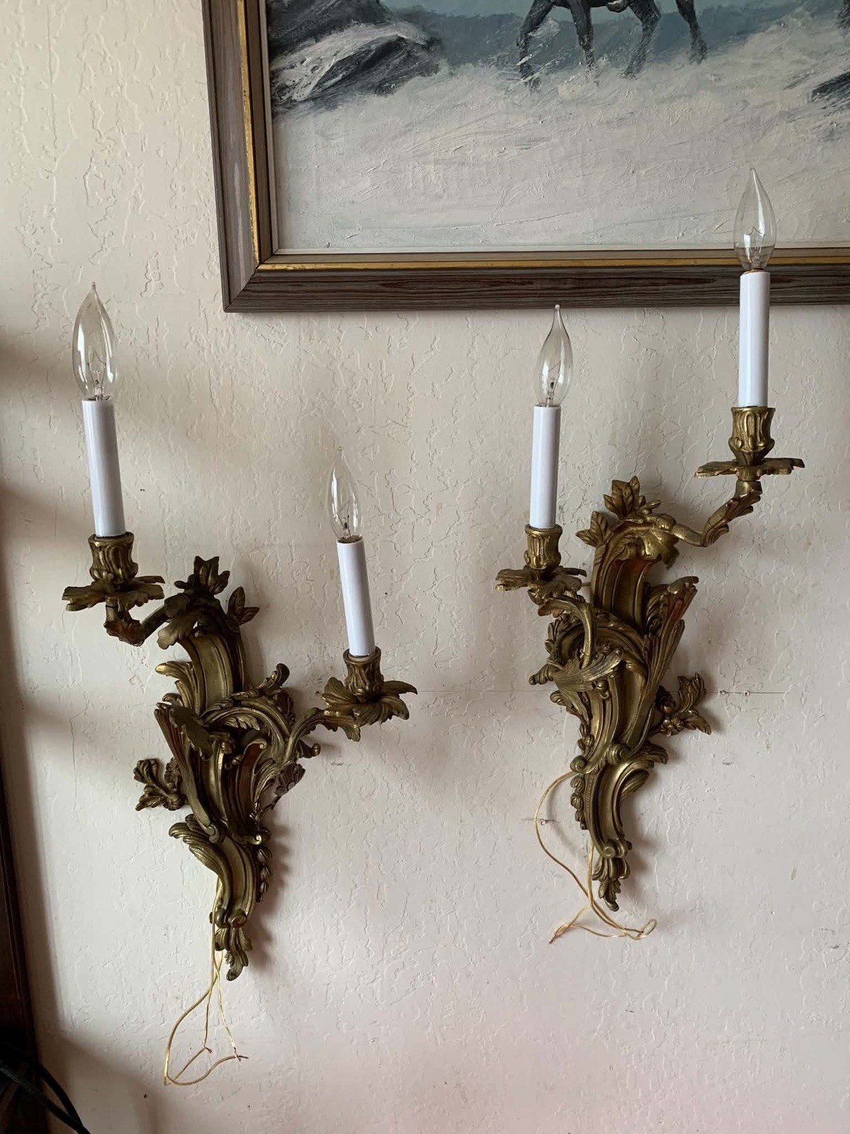 Pair of Antique French Rococo Louis XV Gilt Bronze Wall Sconces 2-Light 25” Pair of Antique French Rococo Louis XV Gilt Bronze Wall Sconces 2-Light 25”
