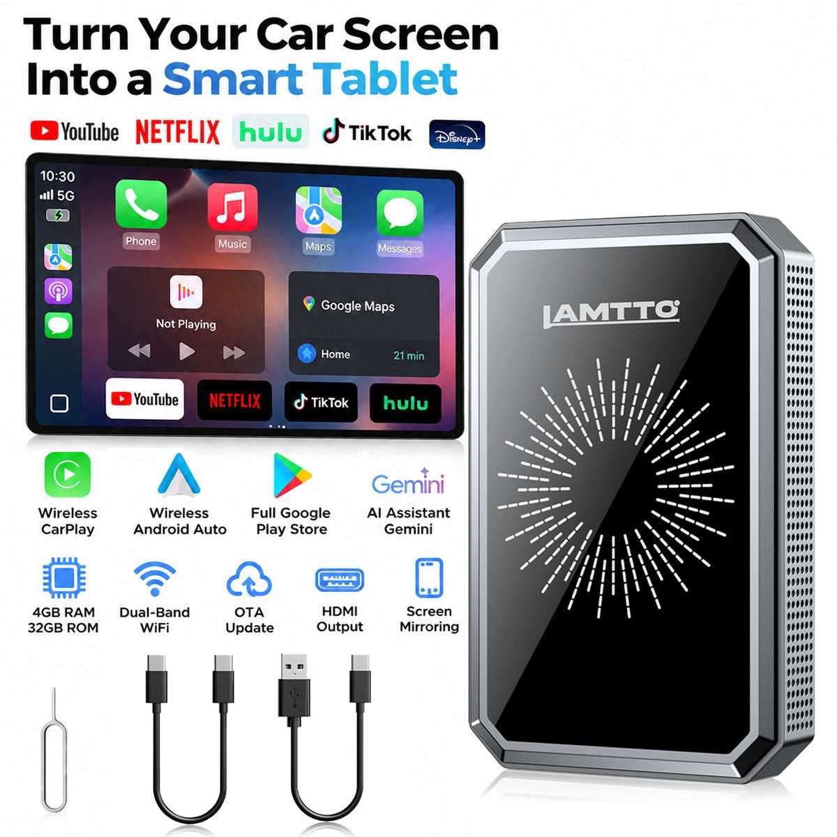 LAMTTO Wireless CarPlay Adapter Car AI Console,Gemini AI & Google Play,Plug&Play