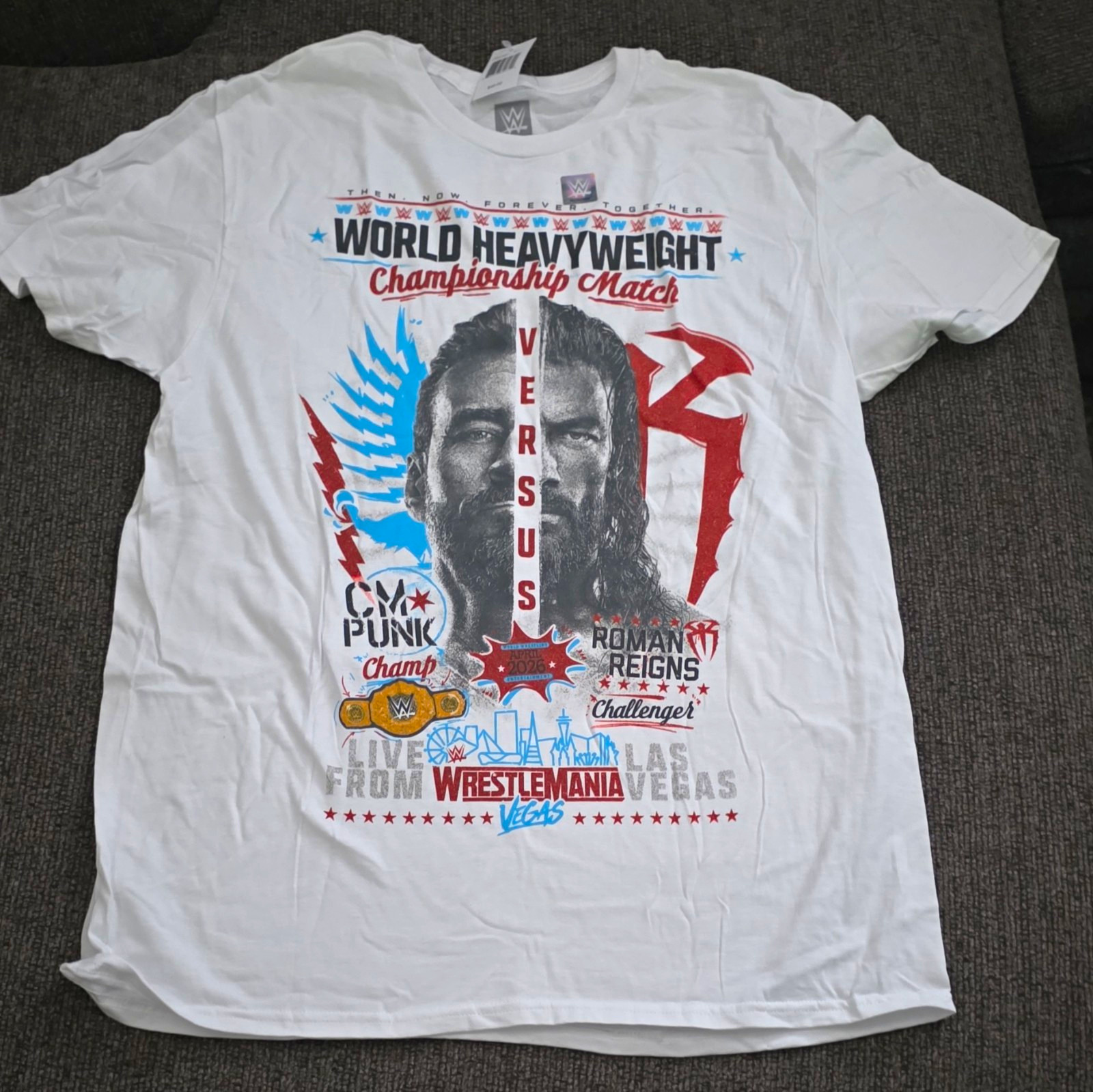 WWE Authentic WrestleMania Vegas CM Punk vs Roman Reigns Shirt White L WWE Authentic WrestleMania Vegas CM Punk vs Roman Reigns Shirt White L