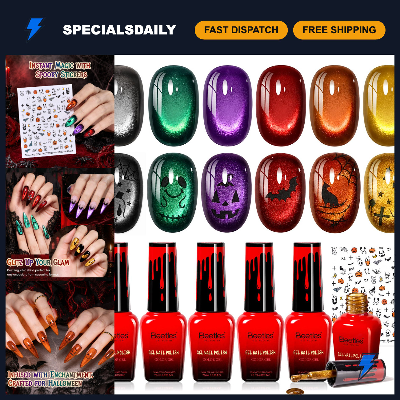 Halloween Cat Eye Gel Nail Polish Set - 6 Colors, Witch Potion, Glow in the Dark Halloween Cat Eye Gel Nail Polish Set - 6 Colors, Witch Potion, Glow in the Dark