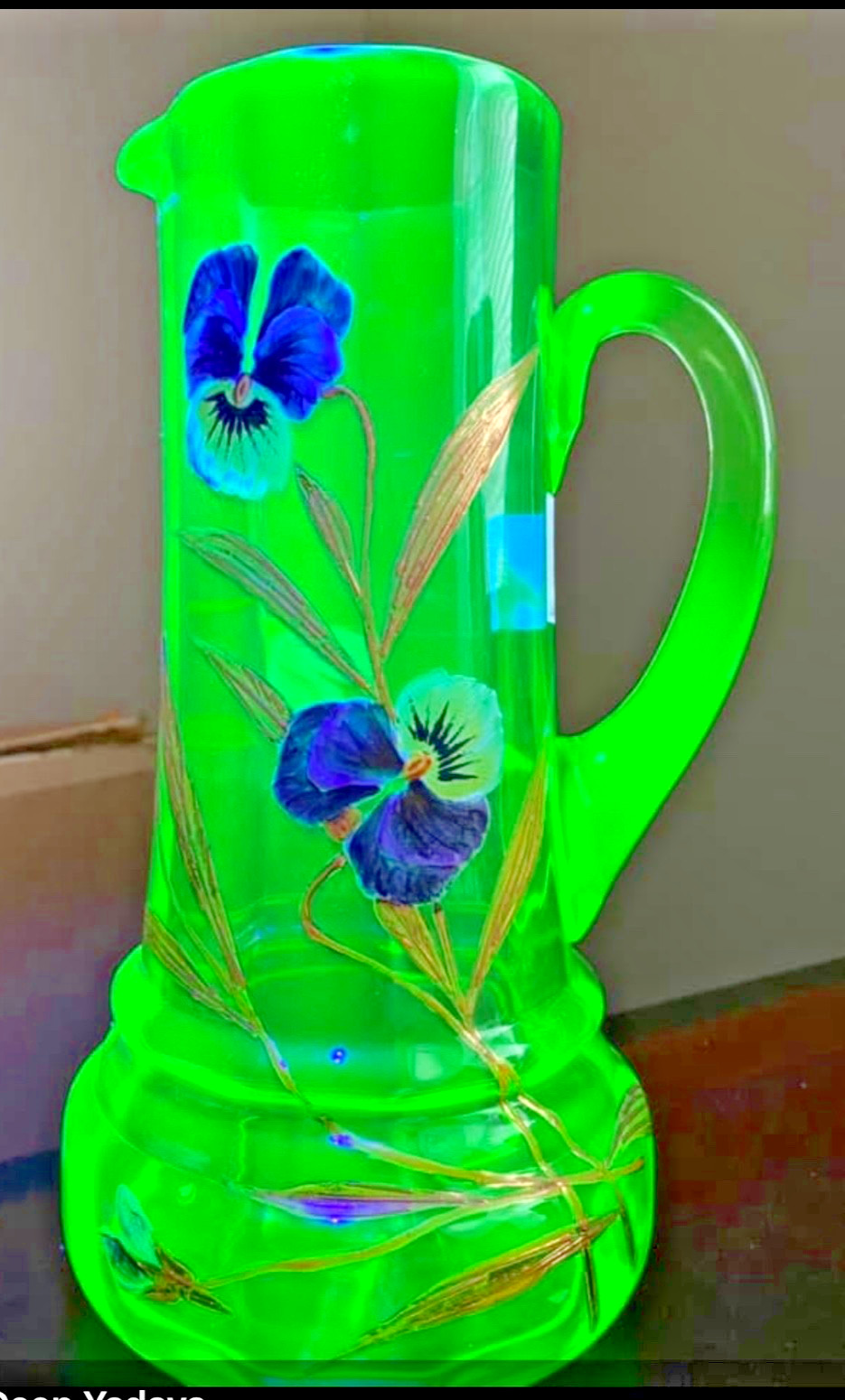 Mont Joye Pitcher, Uranium with stunning thick enamel Pansies