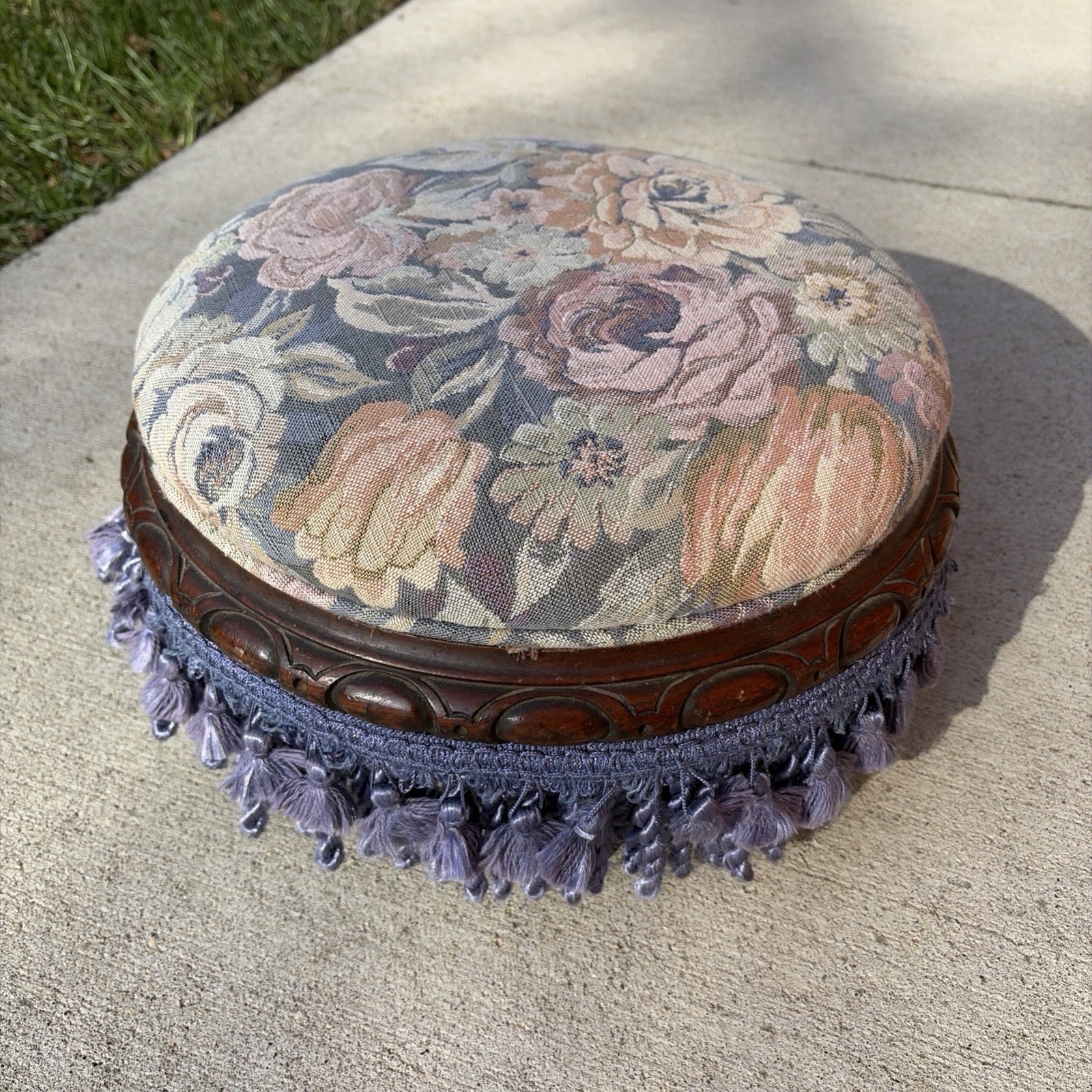 Antique Victorian Revival Needlepoint Footstool Purple tassels Carved Border Antique Victorian Revival Needlepoint Footstool Purple tassels Carved Border