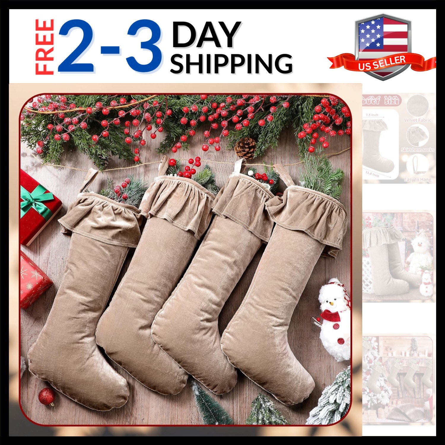 Exquisite 19 Inch Brown Velvet Christmas Stockings - Set of 4 for Holiday Charm