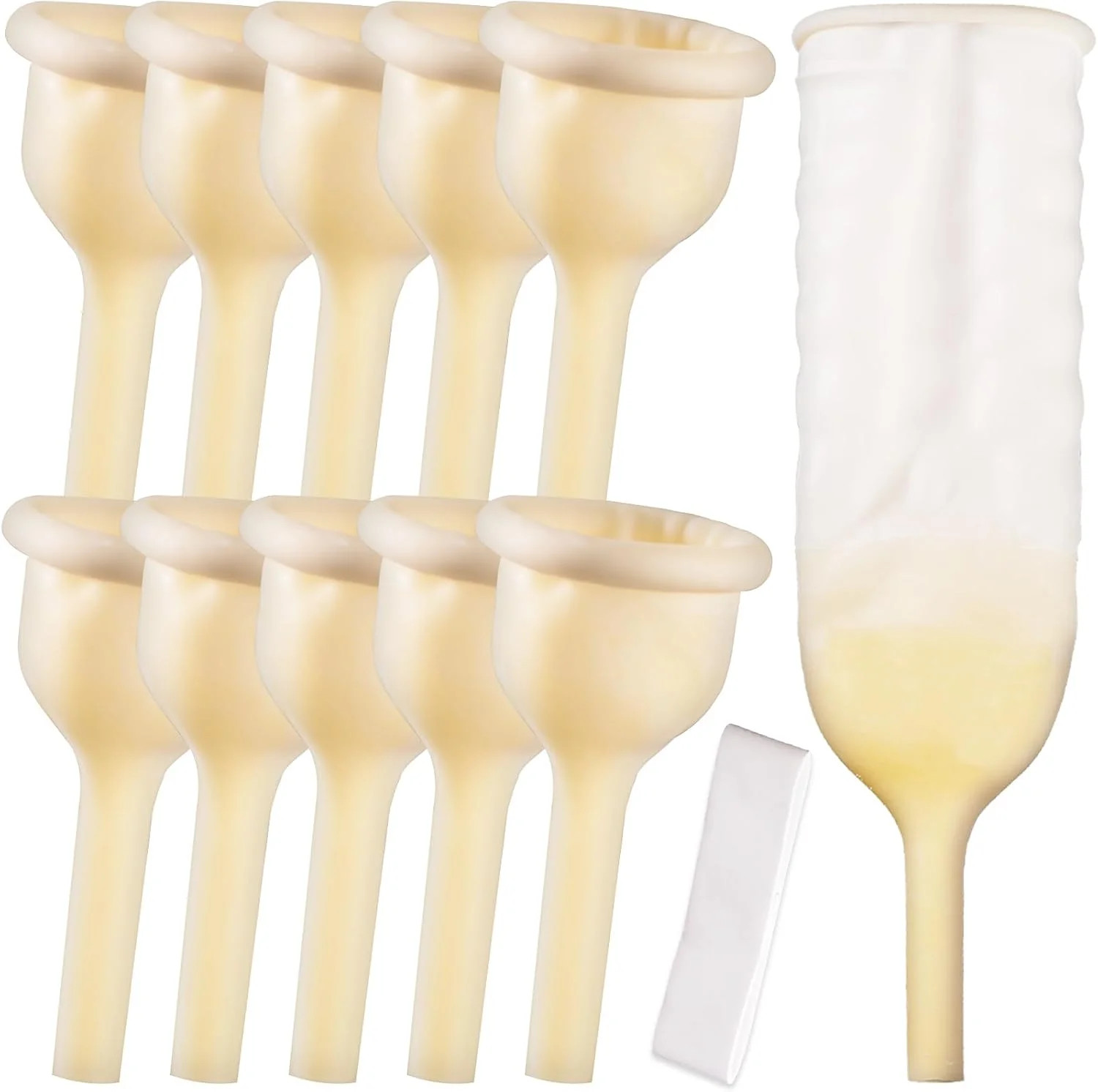 10Pack Male External Urine Collector with Soft Latex Sheath Adhesive Strap for S