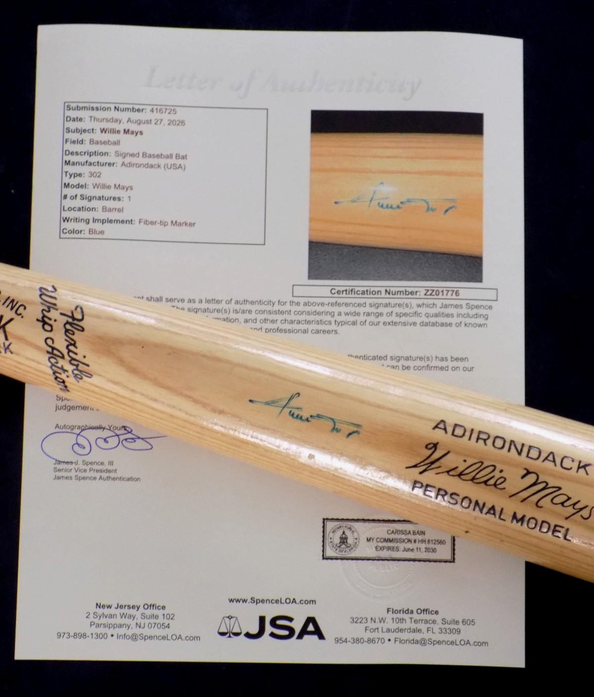 JSA 💎WILLIE MAYS HOF Signed Autograph Adirondack Person Model Baseball Bat 302