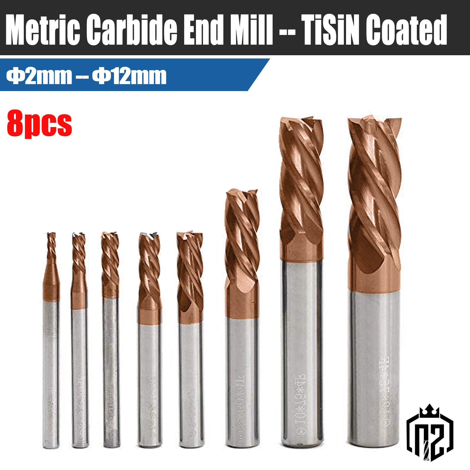 8 Pcs 2mm-12mm Dia Metric Solid Carbide End Mill 4 Flute CNC Bit--TiSiN Coated 8 Pcs 2mm-12mm Dia Metric Solid Carbide End Mill 4 Flute CNC Bit--TiSiN Coated