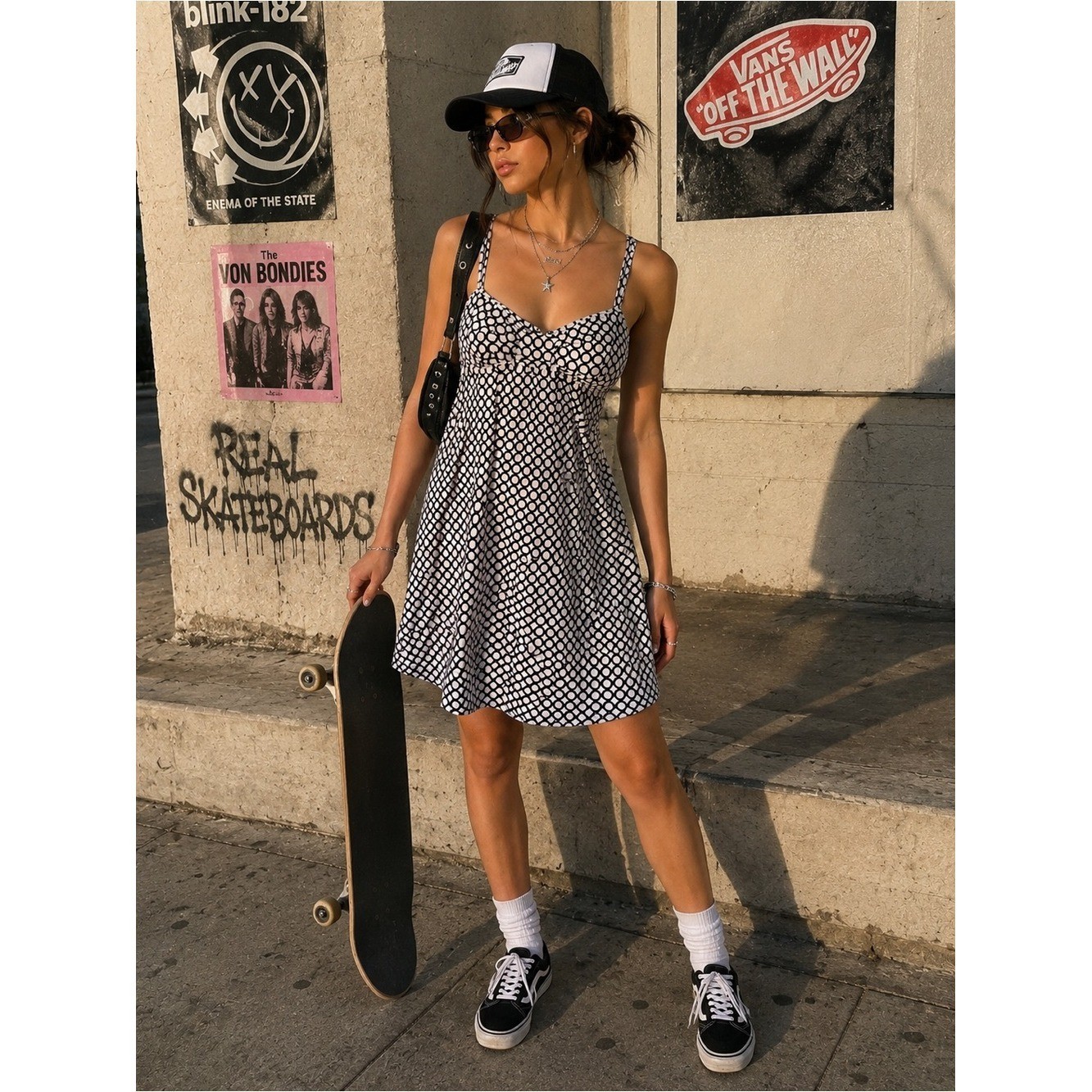 Vintage Volcom Y2K Polka Dot Spaghetti-Strap Skater Mini Dress - Black & White