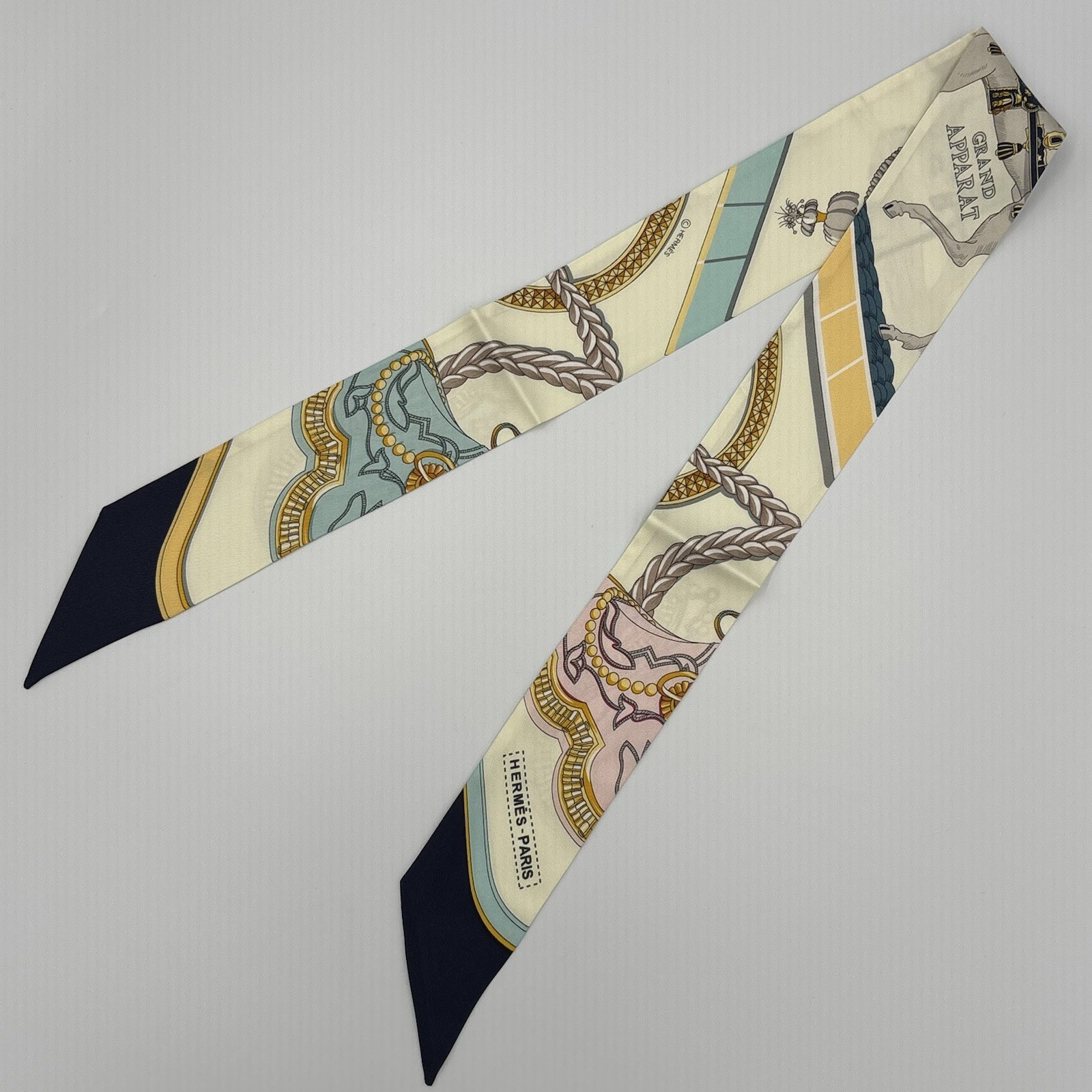 Hermes Grand Apparat Twilly Silk Scarf Ivoire Rose Marine Ivory Multicolor Hermes Grand Apparat Twilly Silk Scarf Ivoire Rose Marine Ivory Multicolor