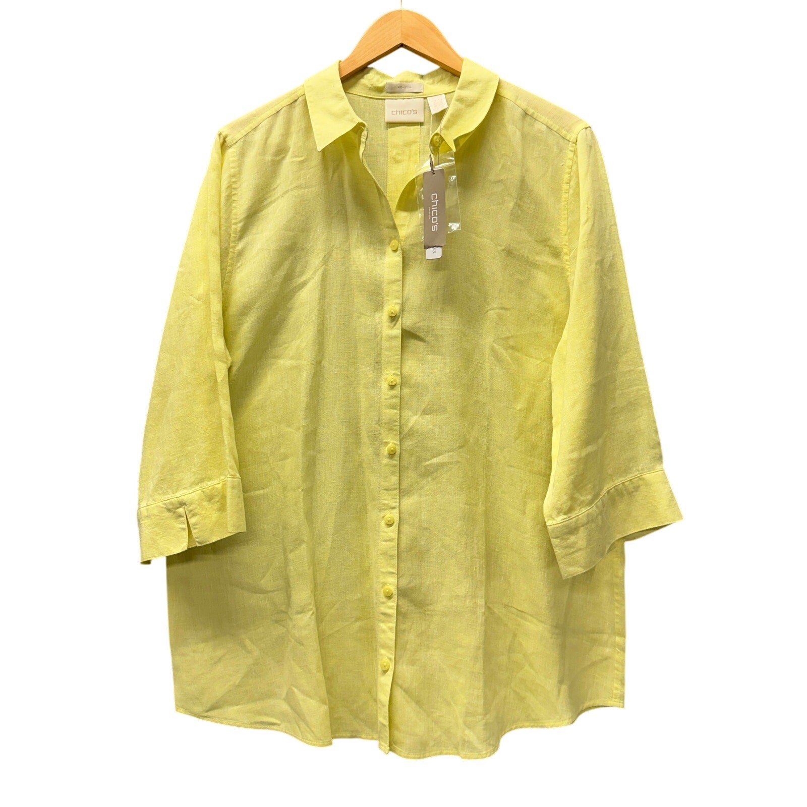 Chico\'s Linen Tunic Womens Large Button Up No Iron Blouse Soft Lime Yellow NEW Chico\'s Linen Tunic Womens Large Button Up No Iron Blouse Soft Lime Yellow NEW